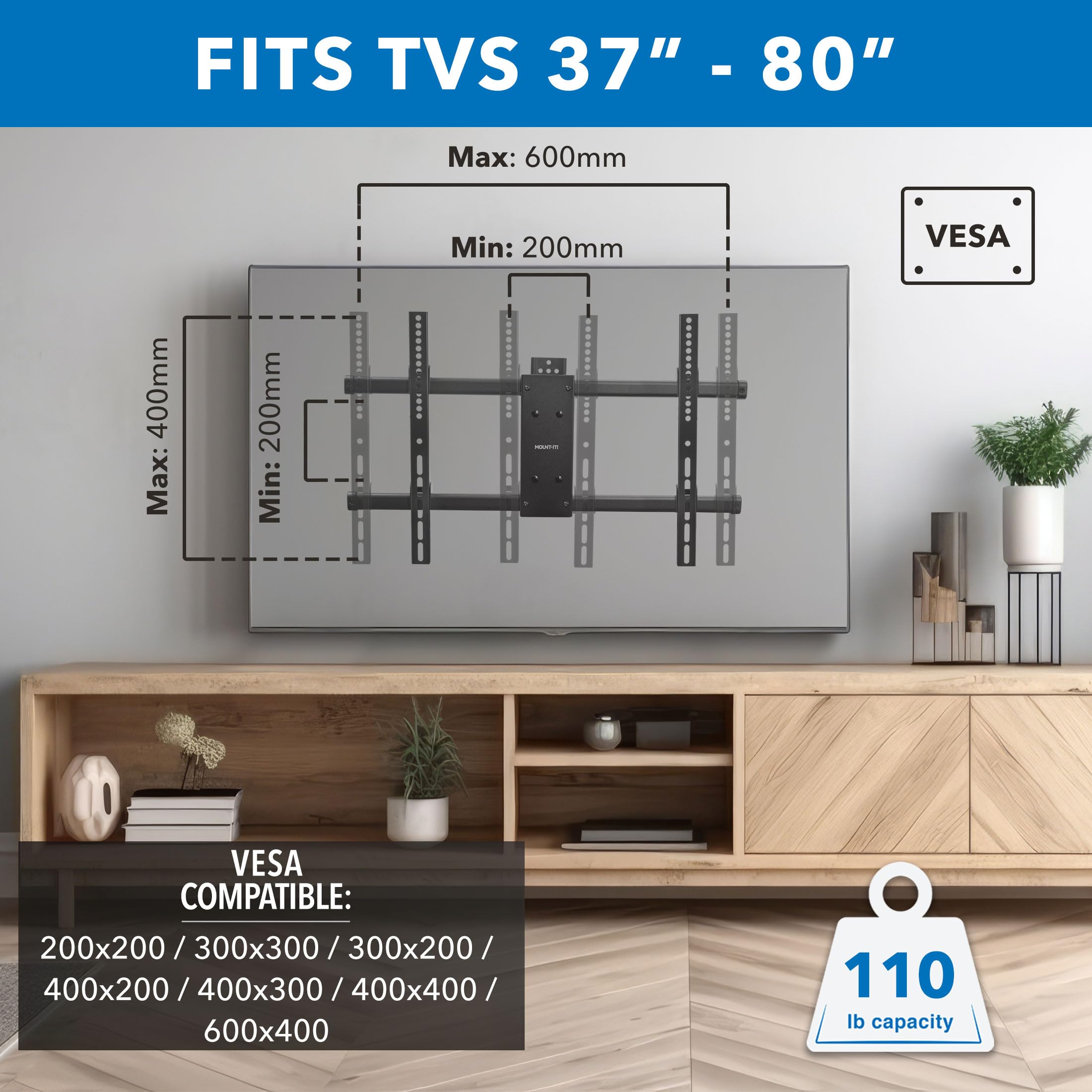 Mount It! UL Certified Heavy Duty Full Motion TV Wall Mount for Most 37 80 Inch Flat Screen TVs, Wall Mount Bracket Max VESA 600x400, Holds up to 110lb, Full Motion TV Mount 55 inch, 65 inch, 80 inch