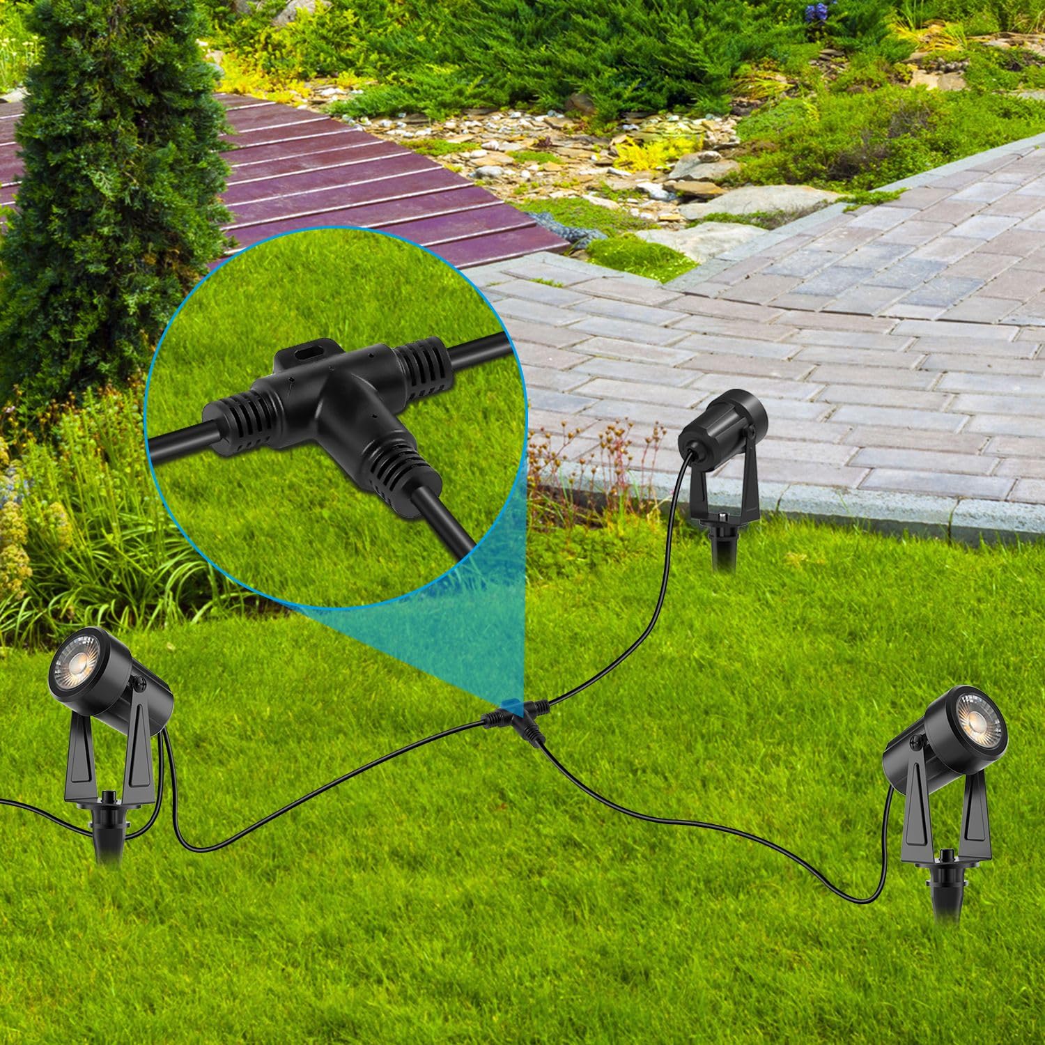 Woolz 9.8Ft Outdoor Extenstion Cord With 2 Core 2 Pin Black Plastics Ip65 T Shape Tee Connctor For Extend Outdoor Landscape Ligh