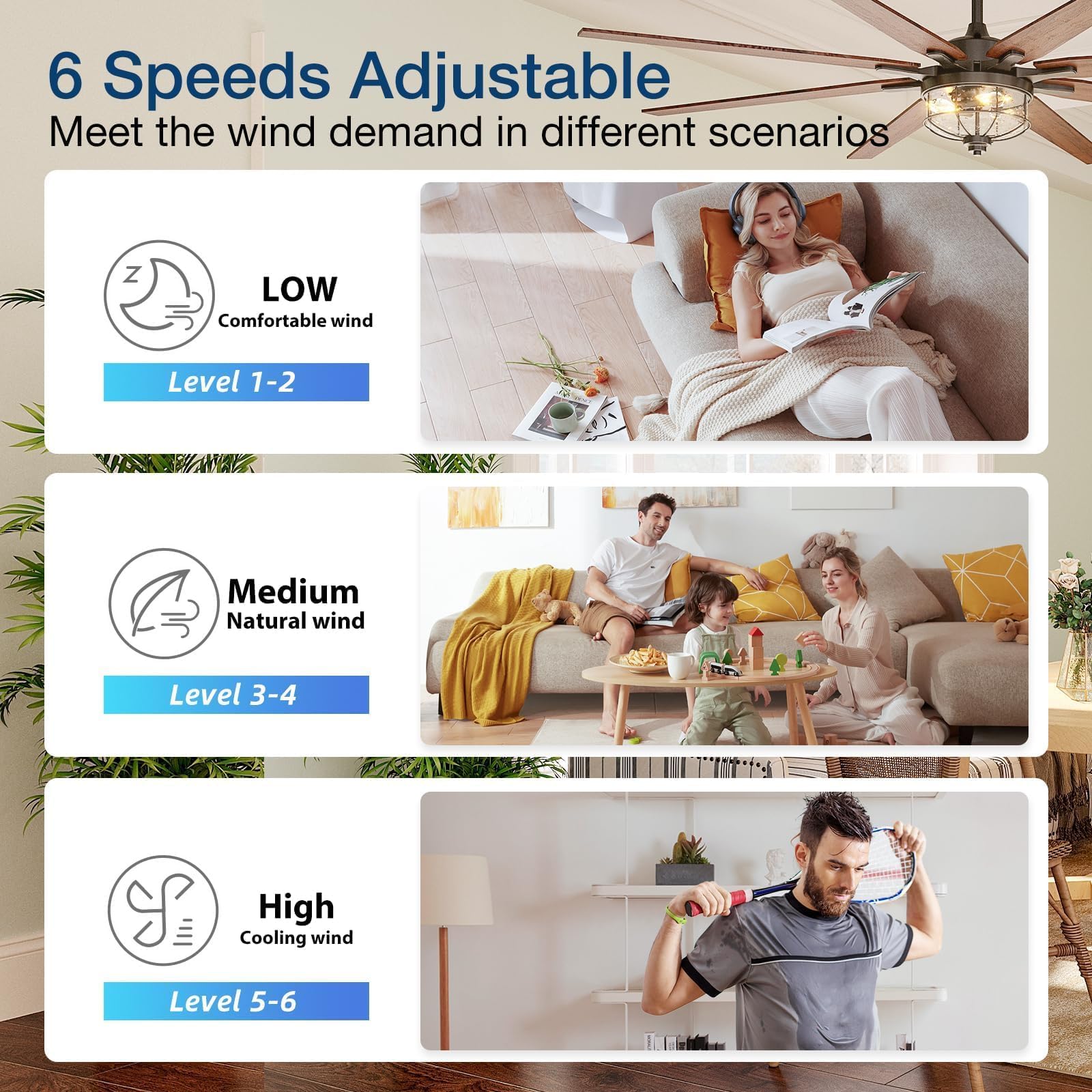 Amico Ceiling Fans With Lights, 72'' Indoor/Outdoor Black Ceiling Fan With Remote Control, Reversible Dc Motor, 8 Blades, 3Cct,