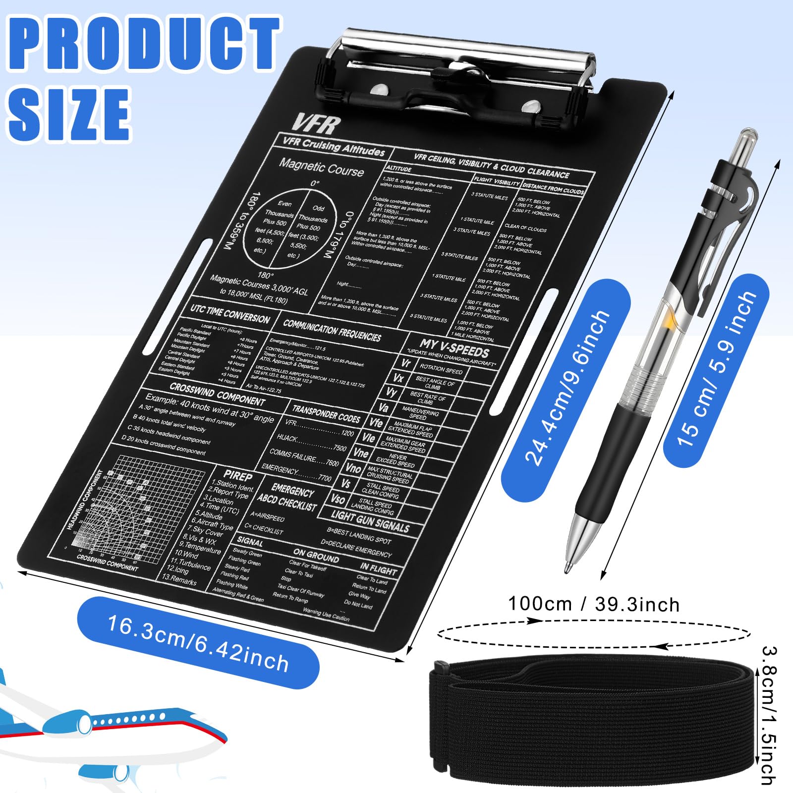 Feifeiya Aluminum Pilot Kneeboard - VFR Aviation Writing Board with Pen Holder, Elastic Strap, 9.61x6.42 Inch, Black - Perfect for Pilots