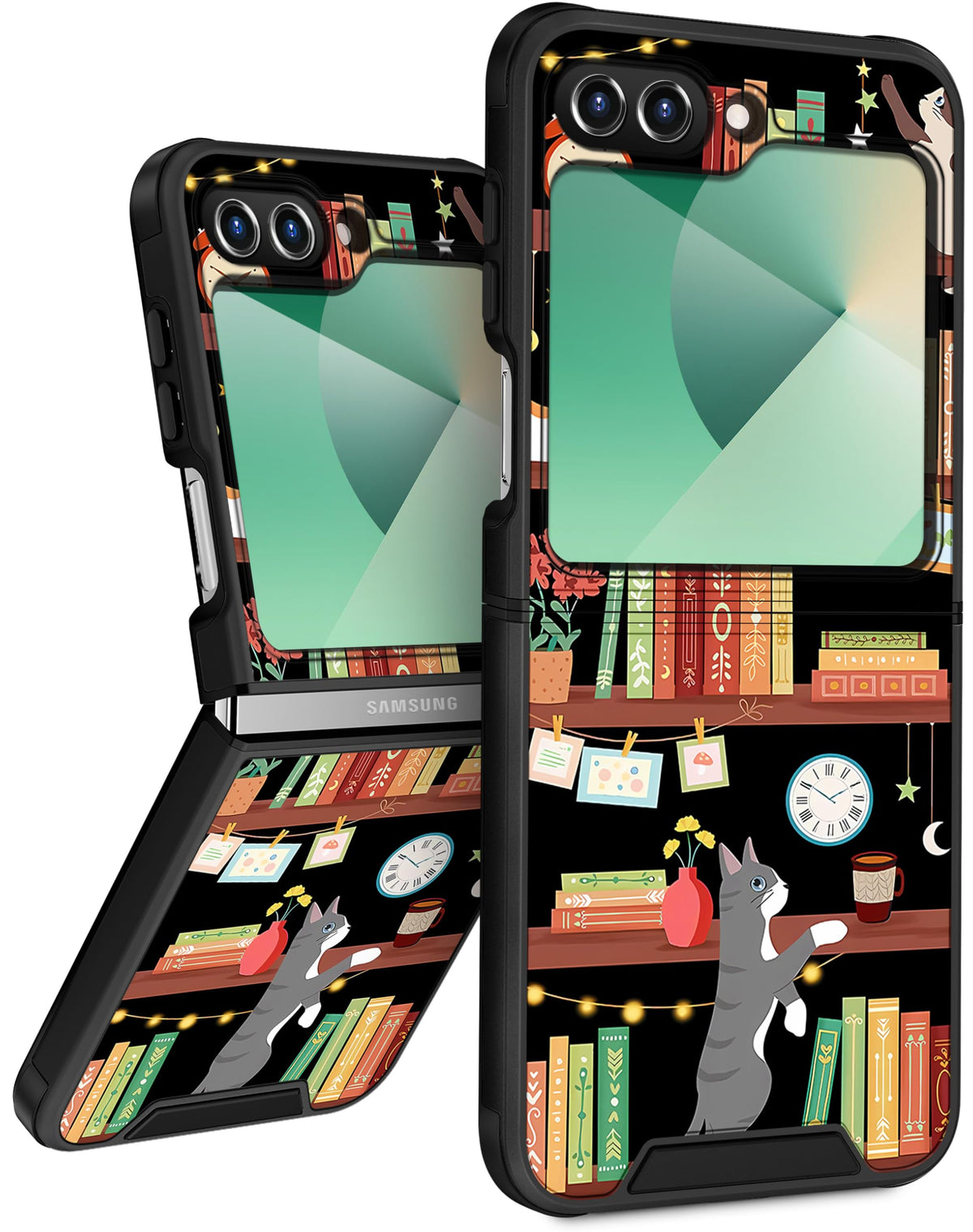 Funermei For Samsung Galaxy Z Flip 6 Case - Women Girls Cute Phone Cover Girly Pretty Aesthetic Unique Cats Bookshelf Design Wit