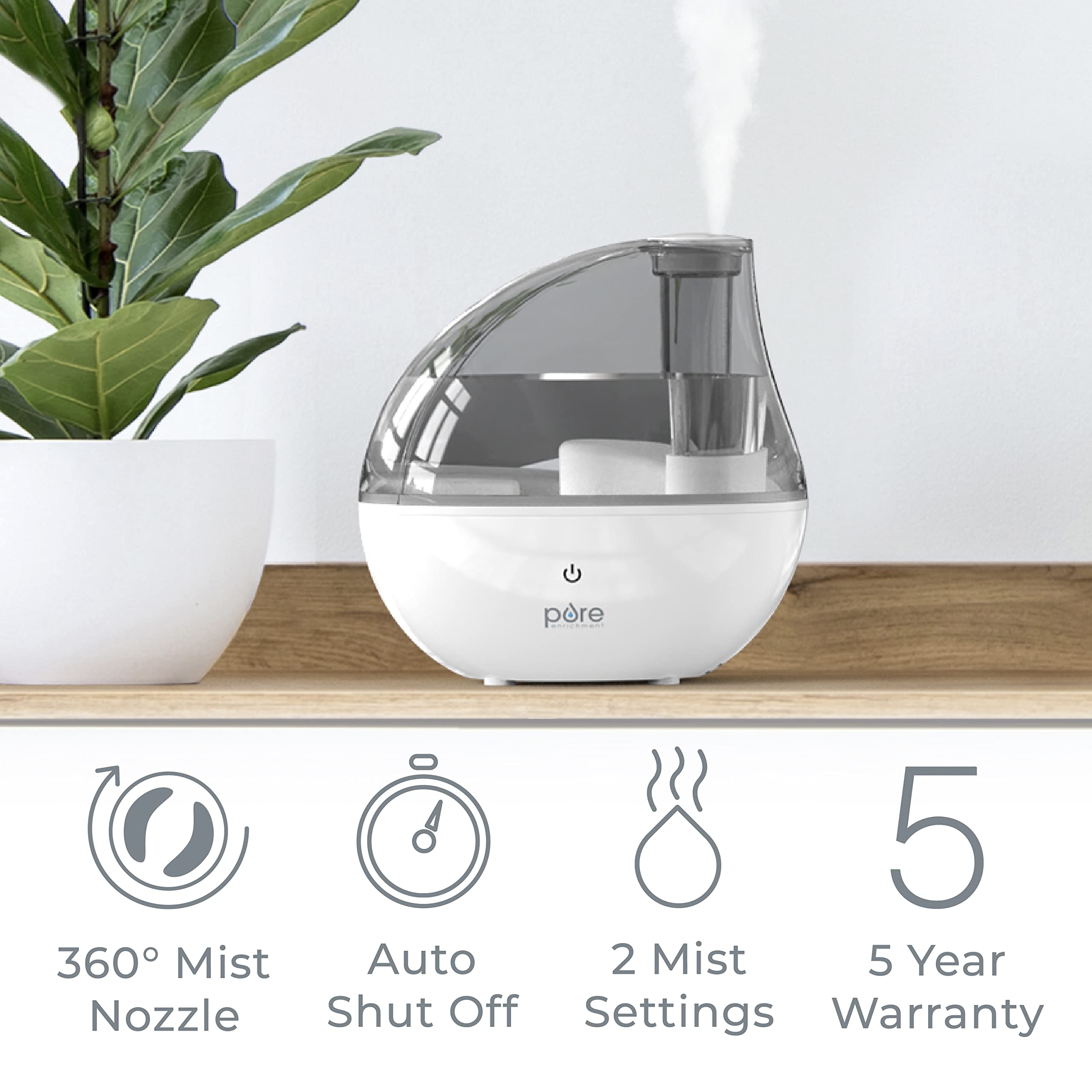 Pure Enrichment Mistaire Silver Ultrasonic Cool Mist Humidifier For Bedroom, Office, Nursery & Indoor Plants   Lasts Up To 25 Ho