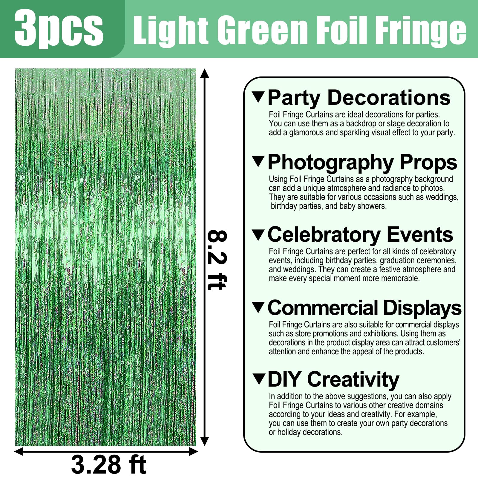 3 Pack Light Green Foil Fringe Curtain Backdrop, 3.28Ft X 8.2Ft Metallic Tinsel Foil Fringe Streamer Curtains For Photo Booth, V