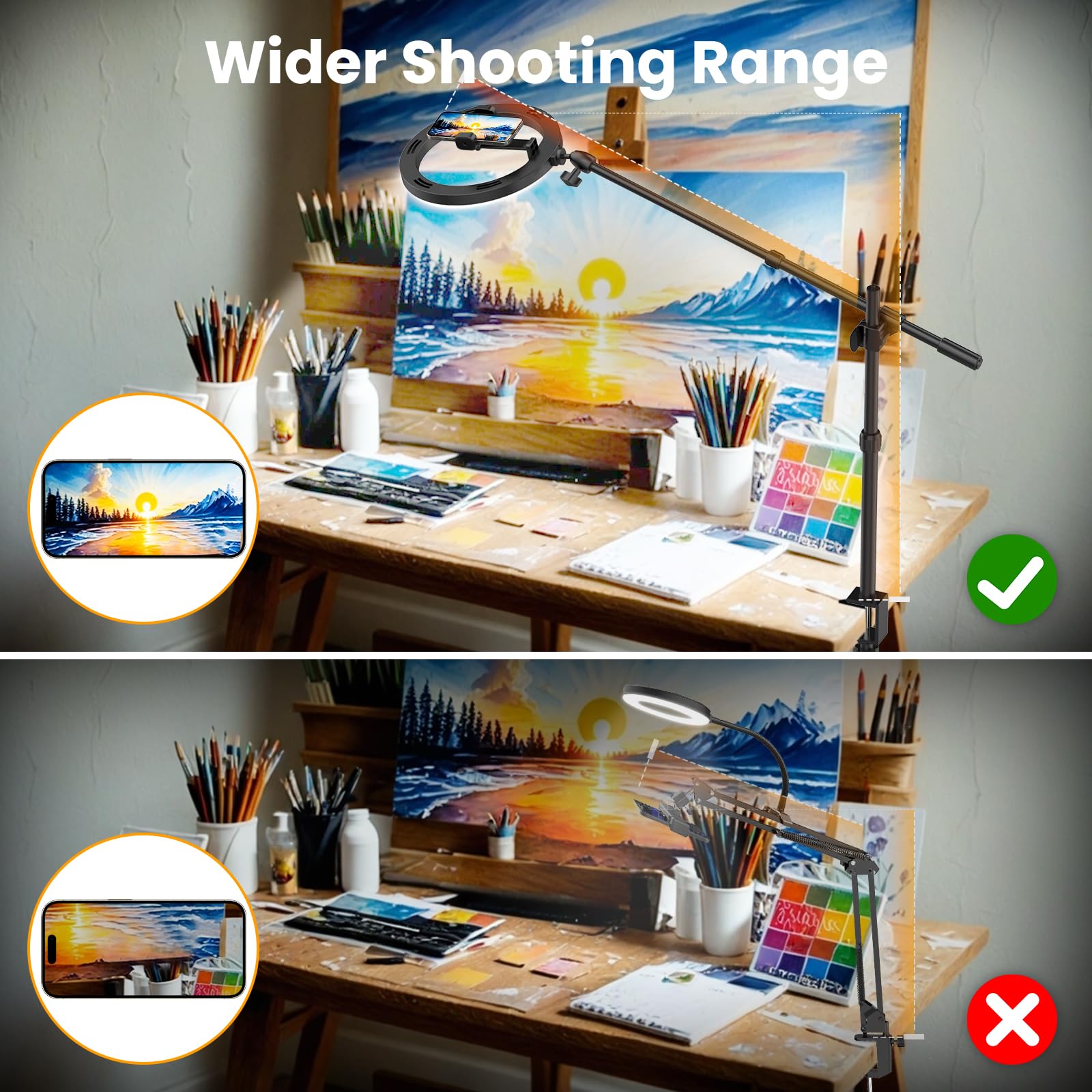 Luxsure Ring Light For Desk, 10'' Led Ring Light With Stand And Phone Holder, Overhead Camera/Phone Mount, Stable Phone Tripod W