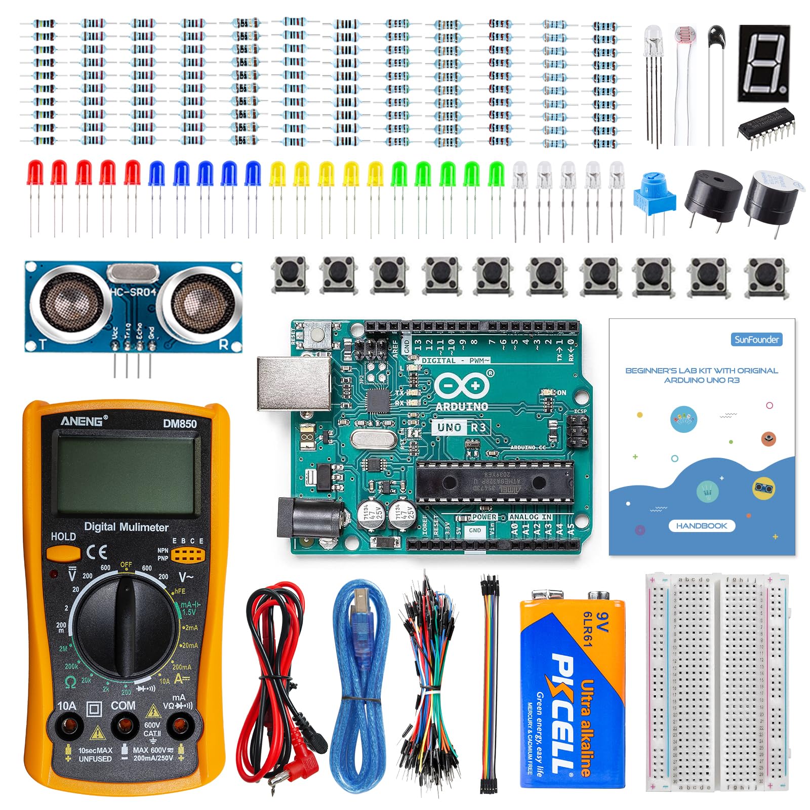 Sunfounder Beginner'S Lab Starter Kit With Original Arduino Uno R3 Rev3 Board Multimeter Basic To Advance 25 Projects Hcsr 04 Se