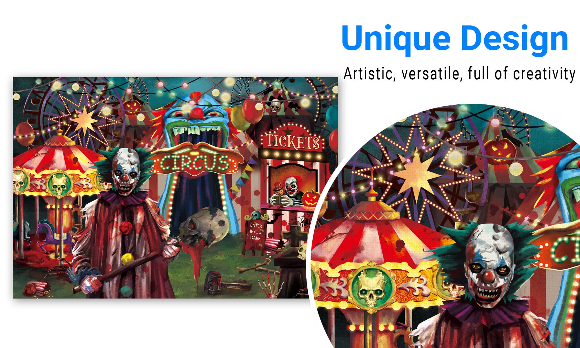 Funnytree 7X5Ft Halloween Evil Circus Theme Backdrop For Photography Clown Creepy Carnival Haunted House Horror Scary Birthday Party Decorations Banner Home Decor Photo Booth Props Background