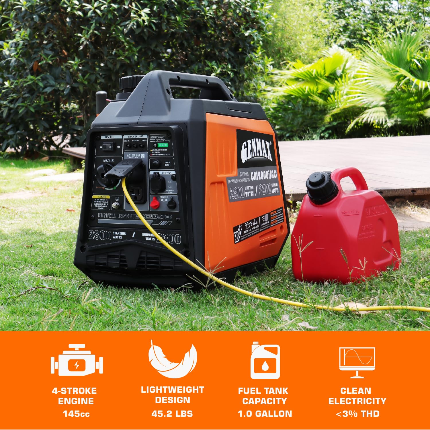 Genmax Portable Generator, 2800W Ultra Quiet Gas Engine,With Co Sensor And Parallel Capability, Ideal For Camping Outdoor Home B