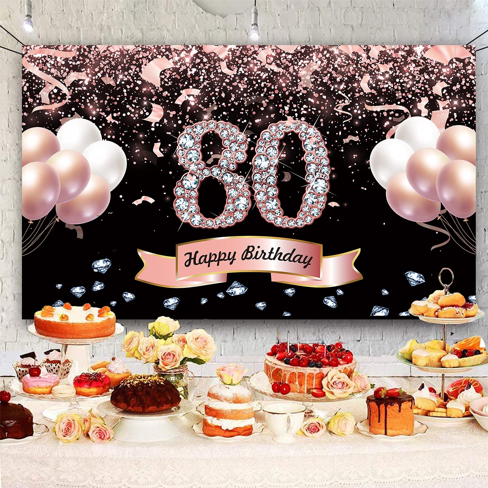 Trgowaul 80Th Birthday Decorations For Women Rose Gold Birthday Backdrop Banner 5.9 X 3.6 Fts Happy Birthday Party Suppiles Phot