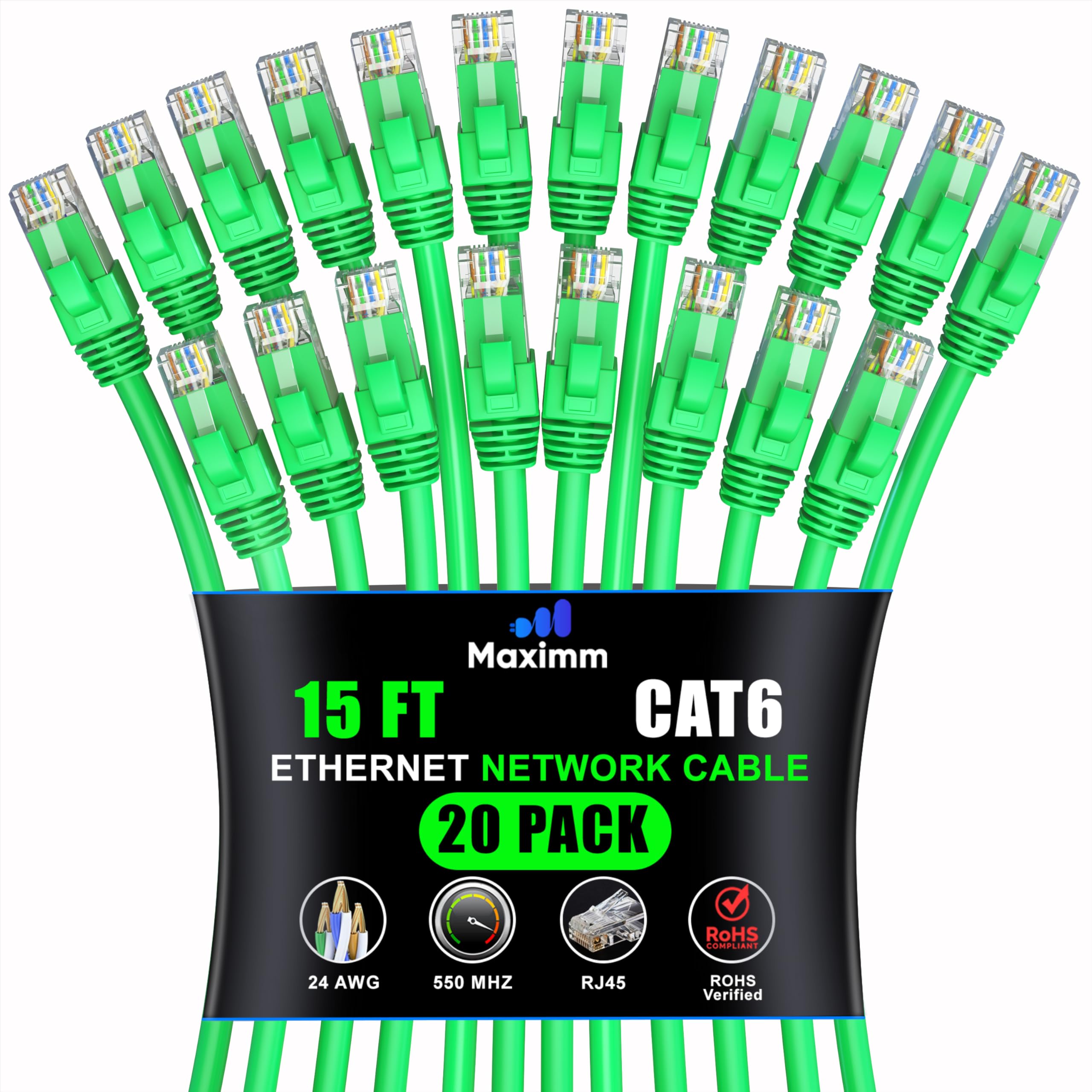 Maximm Cat 6 Ethernet Cable 15 Ft (20 Pack)   High Speed Lan Cable, Internet Cable, Patch Cable, And Network Cable   Utp, 10Gbps, 550Mhz Ethernet Cord   Green