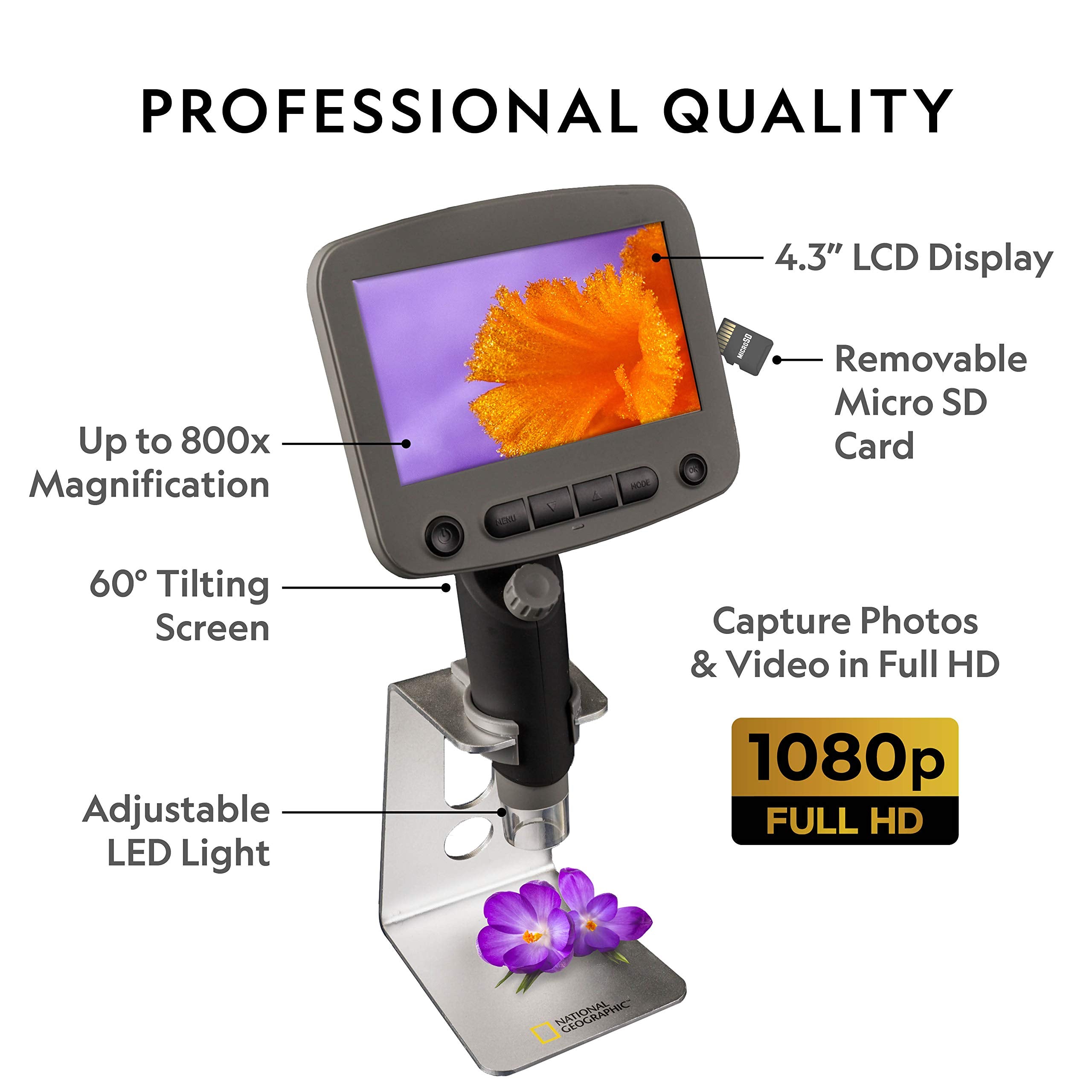 National Geographic Digital Microscope For Kids   40 Piece Handheld Microscope, Lightweight, Portable, Capture 1080P Photos & Video On Micro Sd Card, Tilting 4.3 Inch Lcd Screen, 800X Magnification
