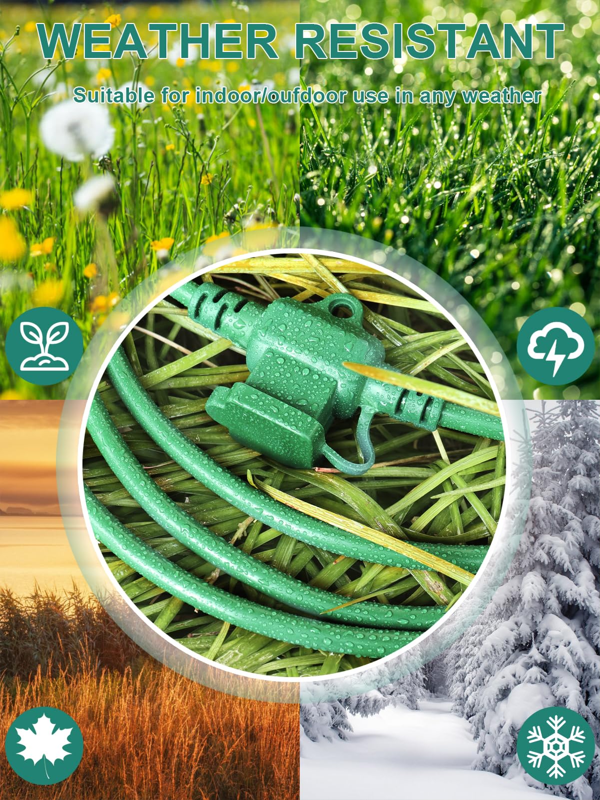 Outdoor Extension Cord With Multiple Outlets, 25Ft Green Christmas Light Extension Cord Outside, Evenly Spaced 6 Plugs, 16/3 Sjt