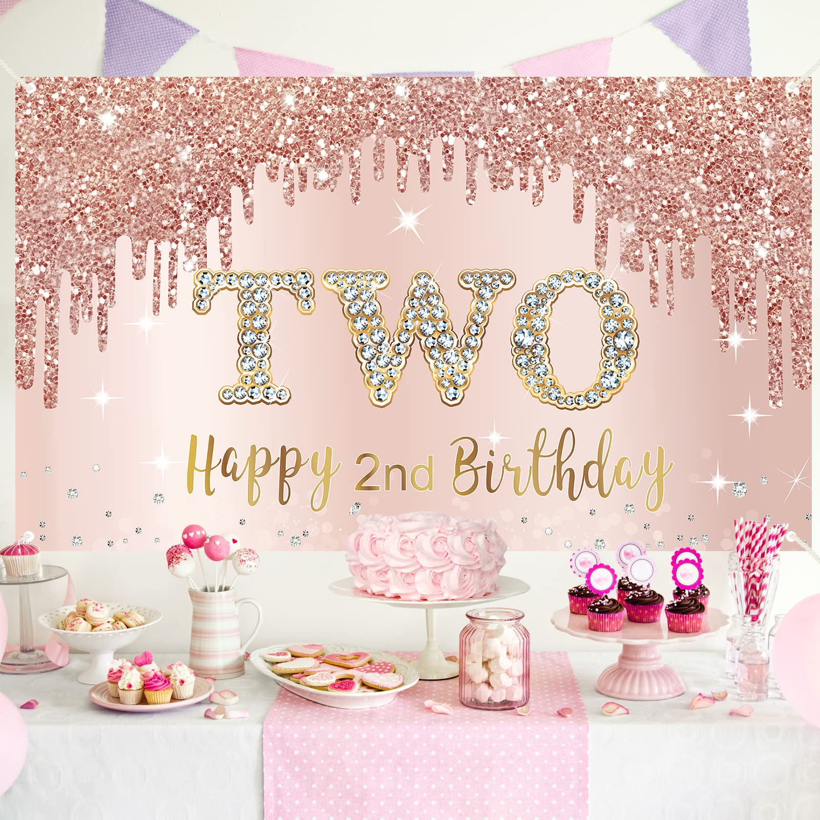 2Nd Birthday Banner Backdrop Decorations For Girls, Rose Gold Happy 2 Year Old Birthday Sign Party Supplies, Pink Second Birthda