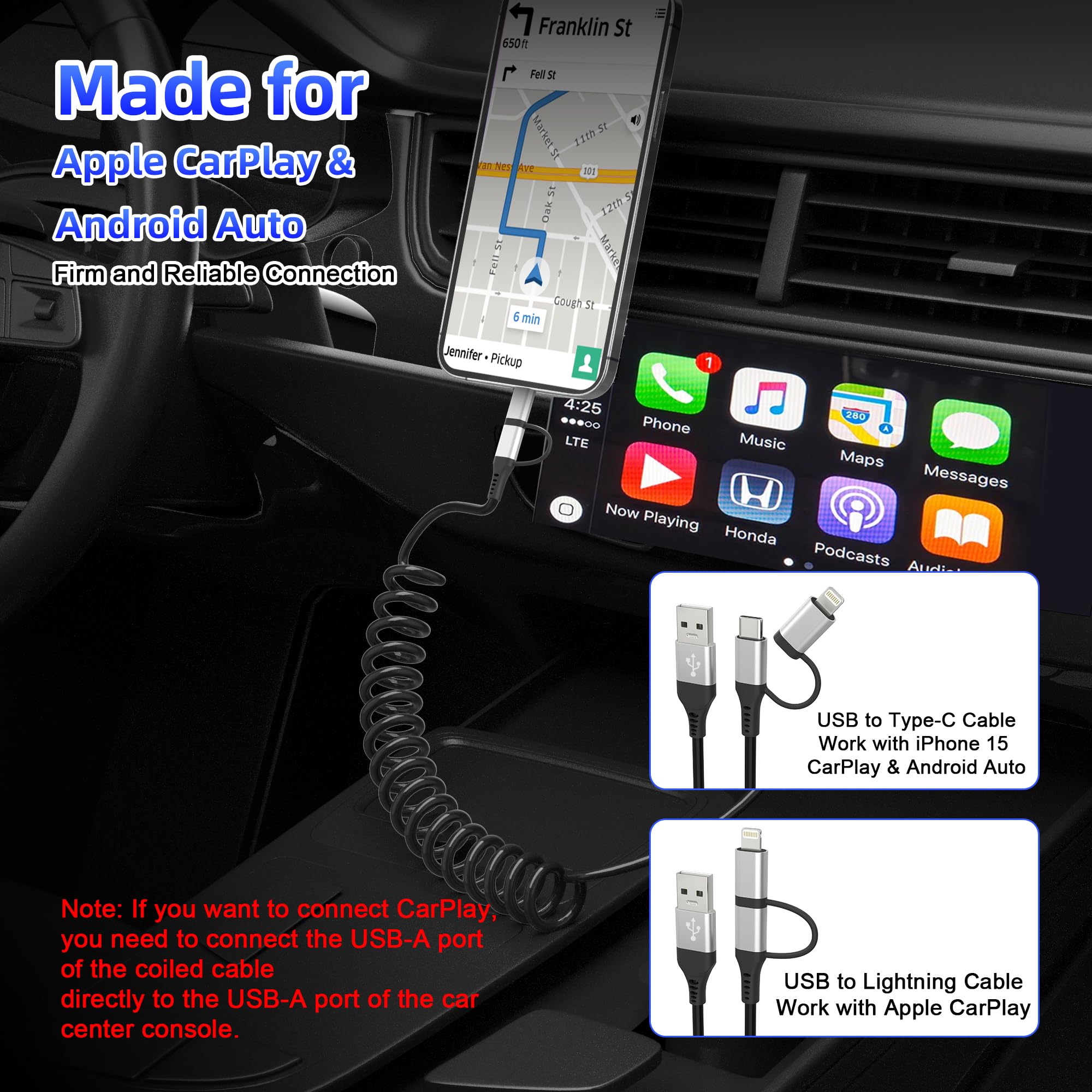 Usb To Usb C And Lightning Cable 2 In 1 Coiled Cable Aple Carplay & Android Auto Compatible [Mfi & 3A Fast Charge & Data Sync] Coiled Lightning And Usb C Cable For Iphone 15/14/13/12/Android, Silver