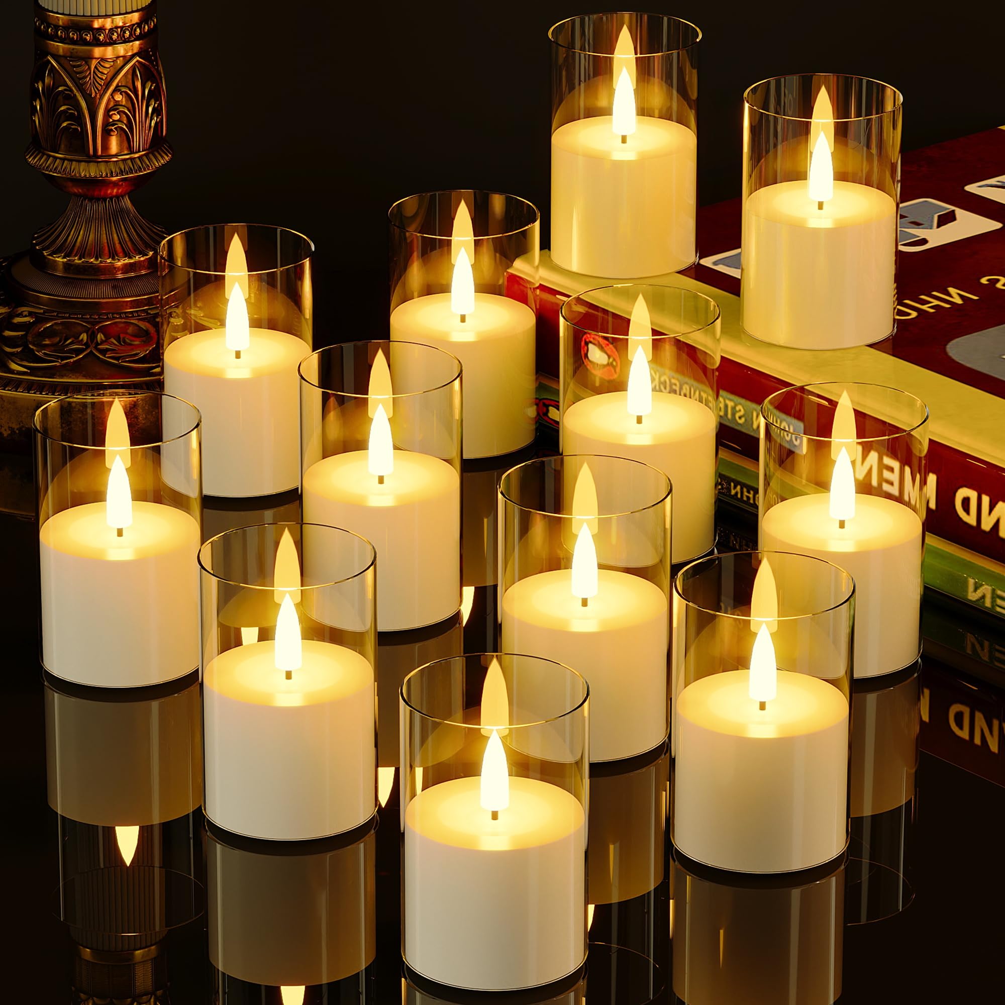 12Pack Flickering Flameless Led Candles With Timer, Battery Powered   Small Pillar & Votive, Clear (2''X3'')