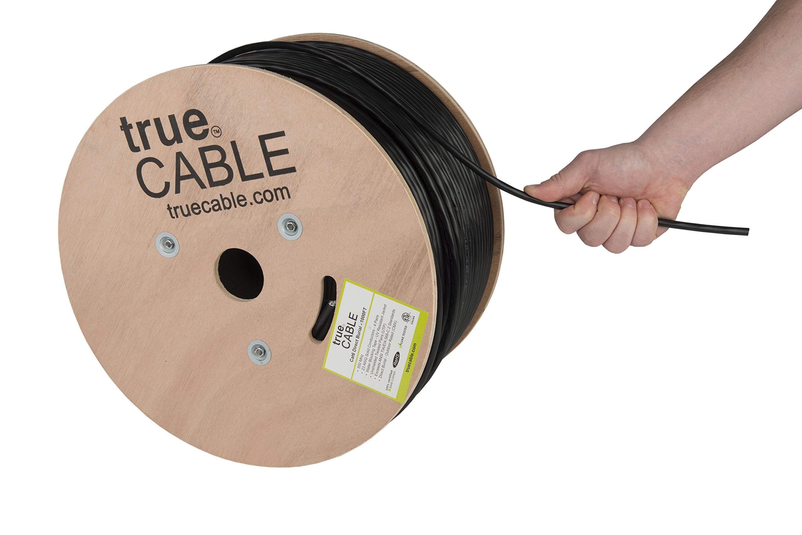 Truecable Cat6 Direct Burial, 1000Ft, Waterproof, Outdoor Rated Cmx, Black, 23Awg Solid Bare Copper, 550Mhz, Poe++ (4Ppoe), Etl Listed, Unshielded Utp, Bulk Ethernet Cable