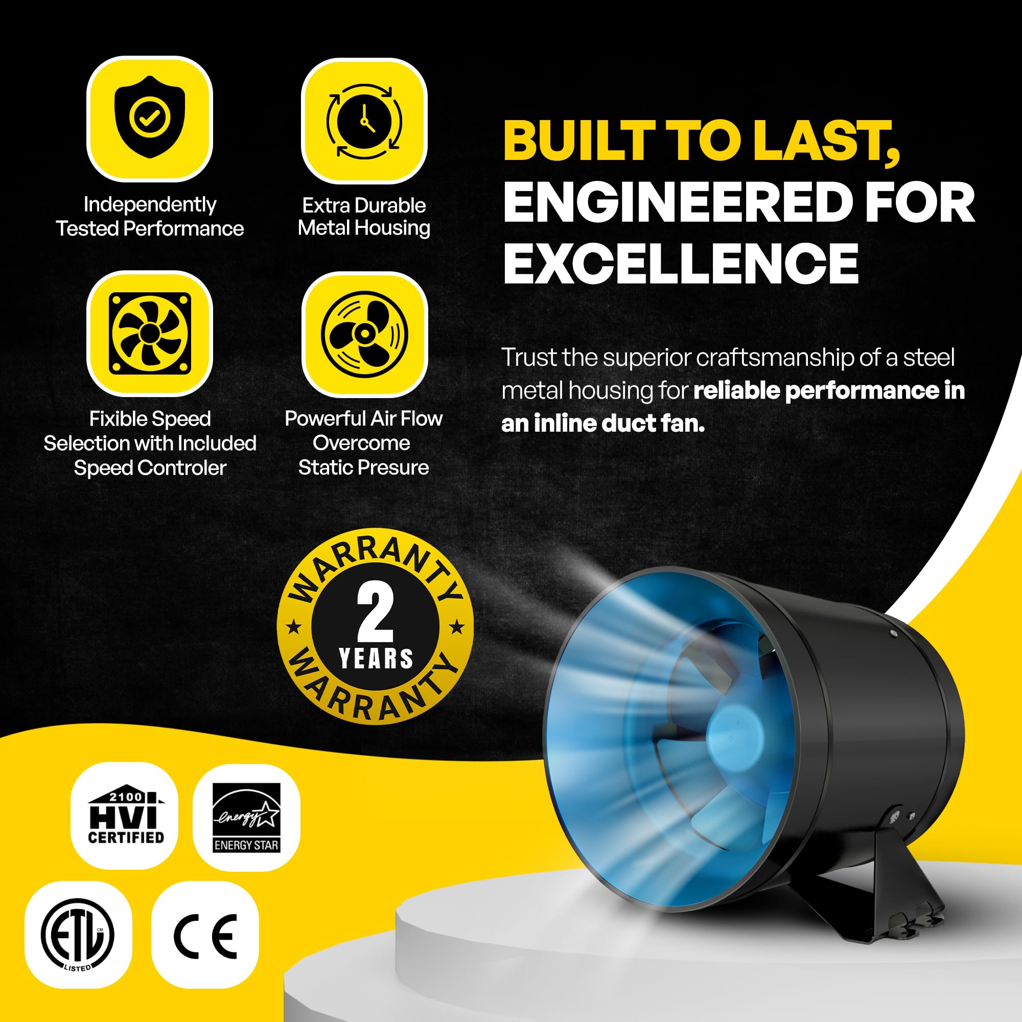 Terrabloom Ecmf 200, Quiet 8'' Inline Duct Fan With 0 100% Variable Speed Controller, Air Tight Metal Casing, Energy Efficient E