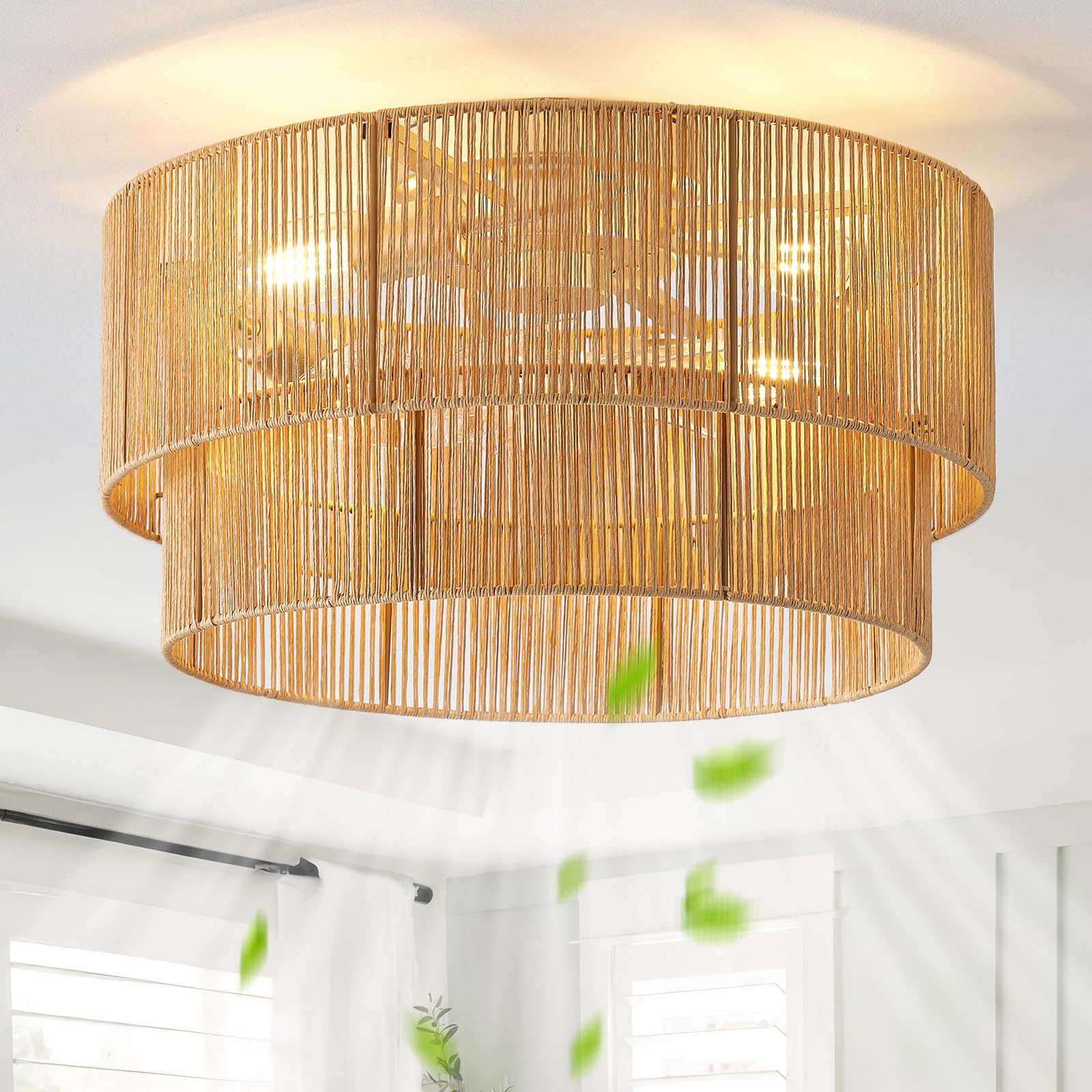 SYDACG Flush Mount Ceiling Fan with Lights Low Profile, 20 Rattan Boho Ceiling Fan with Light Remote Control, Bladeless Caged wi