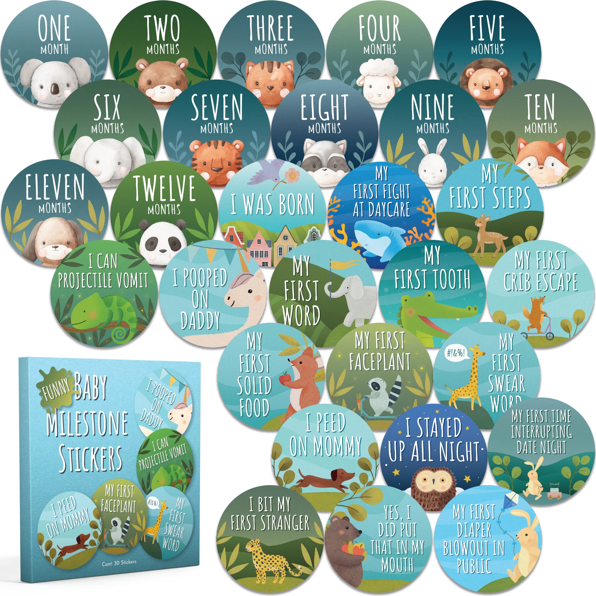 Hilarious 30 Pack Of Blue And Green Baby Milestone 4 In Stickers And Decals. Super Funny Baby Shower Sticker Set. Great For New
