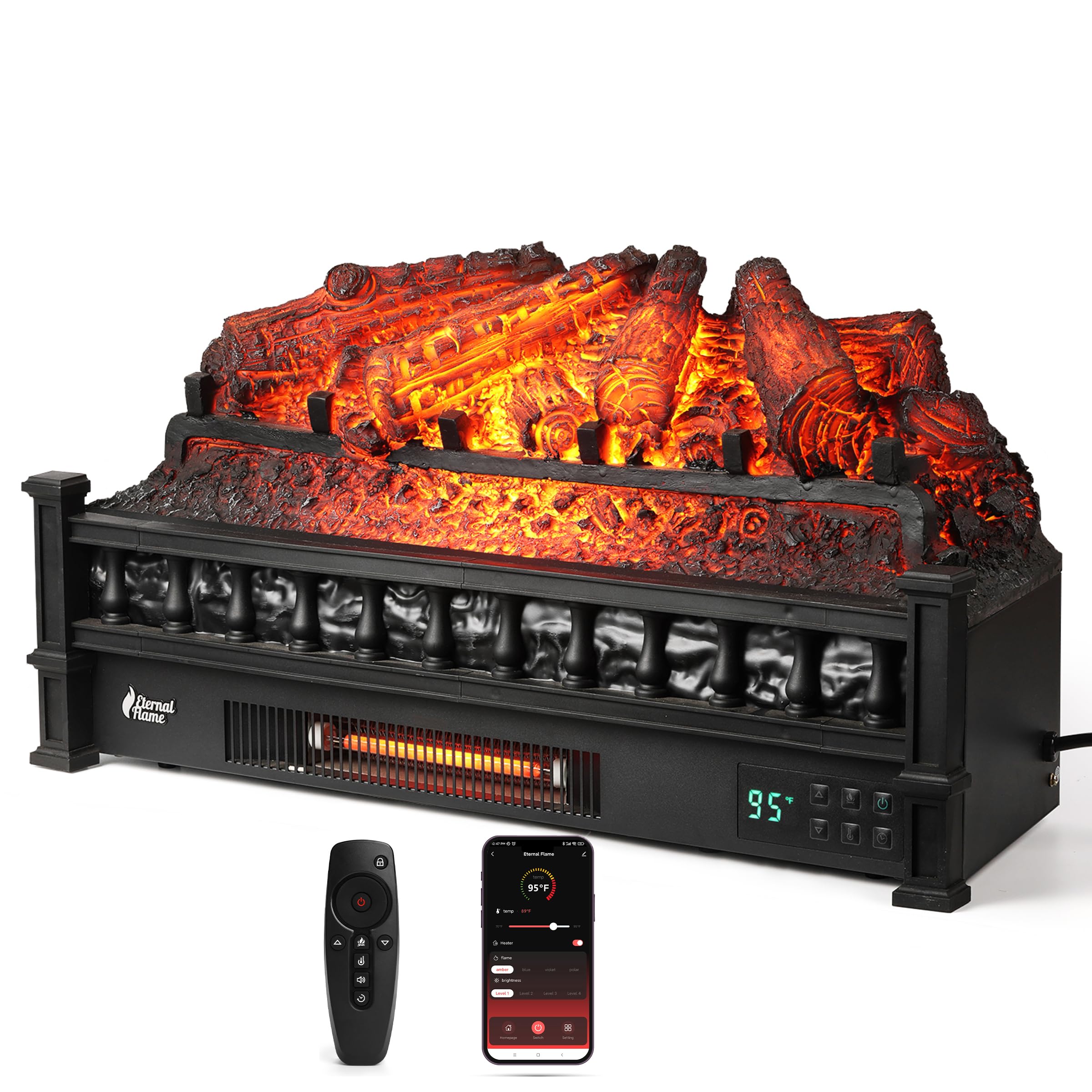 TURBRO Eternal Flame 26 in. WiFi Infrared Quartz Electric Fireplace Log Heater with Sound Crackling, Realistic Pinewood Logs, Ad