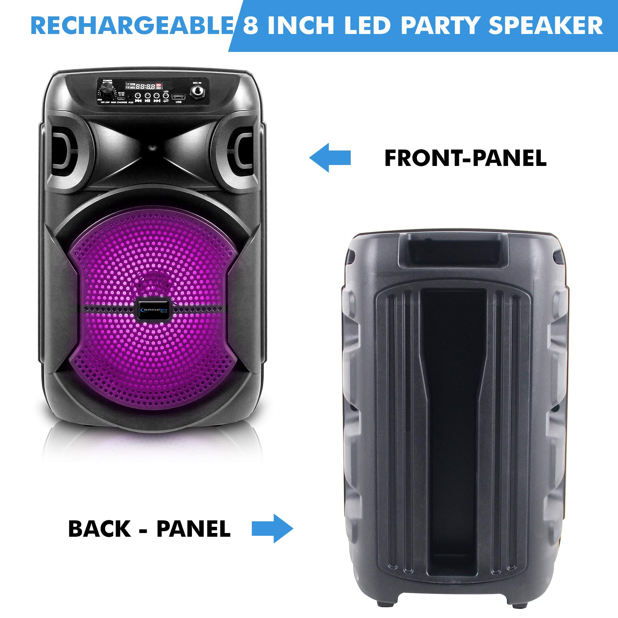 Technical Pro 8 Inch Portable 800 Watts Bluetooth Speaker With Woofer & Tweeter, Festival Pa Led Speaker With Bluetooth/Usb Card