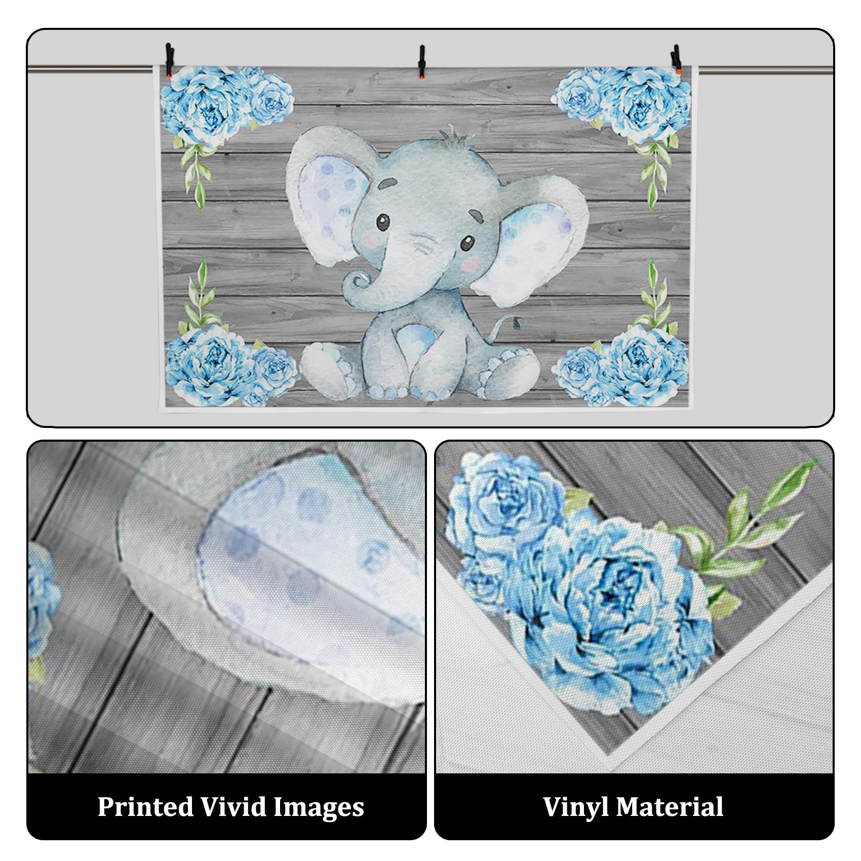 Aofoto 7X5Ft Elephant Backdrop It'S A Boy Baby Shower Party Decoration Photography Background Sweet Watercolor Flowers Grey Wood Cartoon Newborn Infant Girl Kids Birthday Banner Photo Studio Props