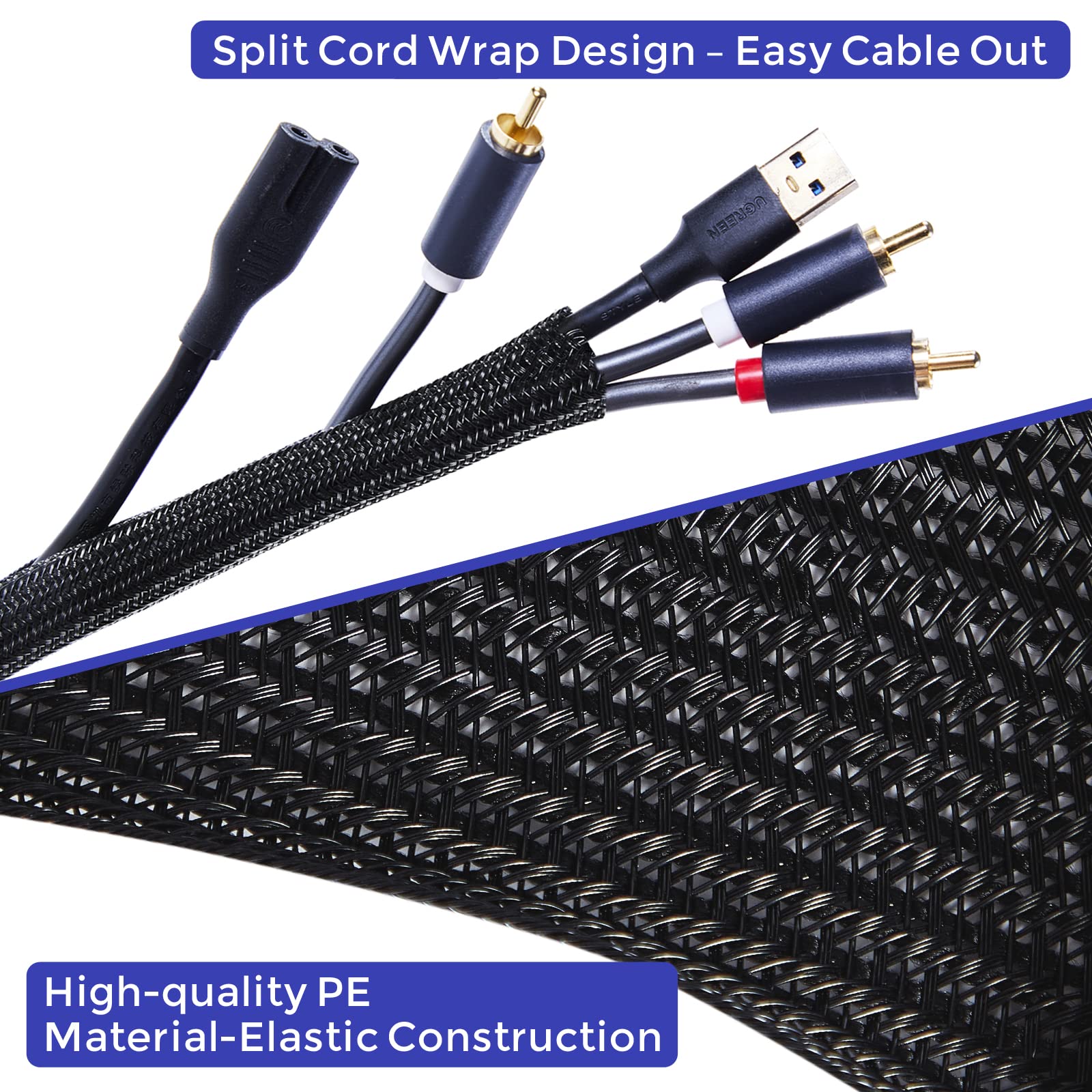 Cable Management Sleeves 1In   2 Pack 4.1Ft Split Braided Cable Sleeve Black, Hard Pe Cord Protectors From Pets, Wire Organizers