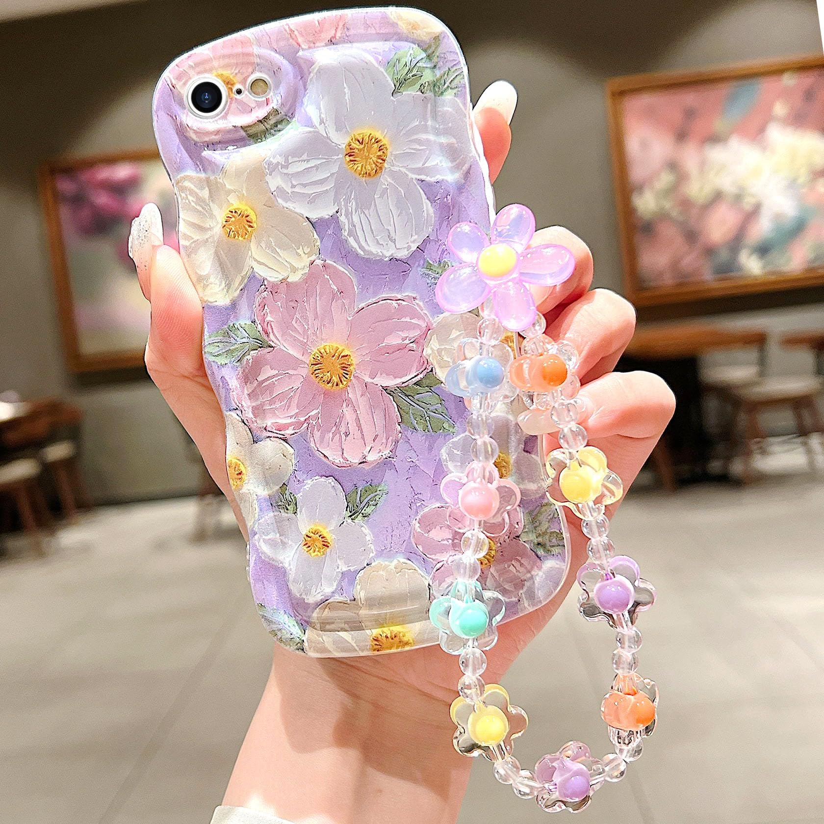 for iPhone SE Case 2022/2020 iPhone 8/7 Curly Wavy Case, Cute Colorful Retro Oil Painting Flower Glossy Pattern [with Bead Chain