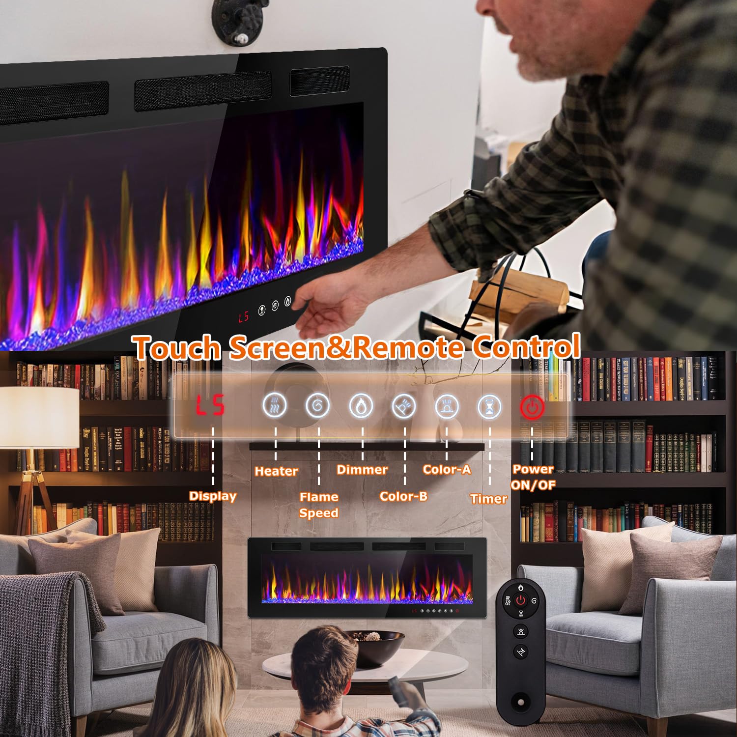 Lemberi 60 Inch Electric Fireplace Recessed And Wall Mounted,750/1500W Fireplace Heater And Linear Fireplace With Touch Screen C