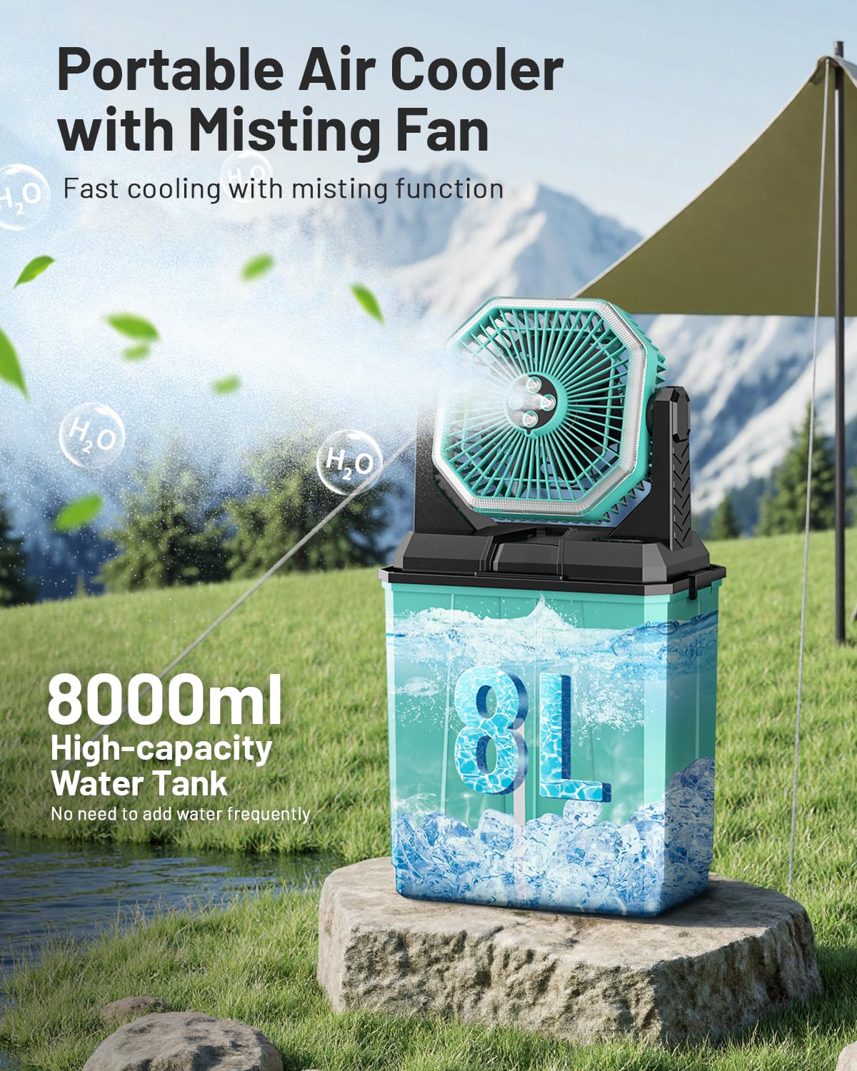 Allsion 24000Mah Rechargeable Misting Fan With 8L Water Bucket, 3-Speed Outdoor Cooling Fan With Led Lights, 120Oscillation For