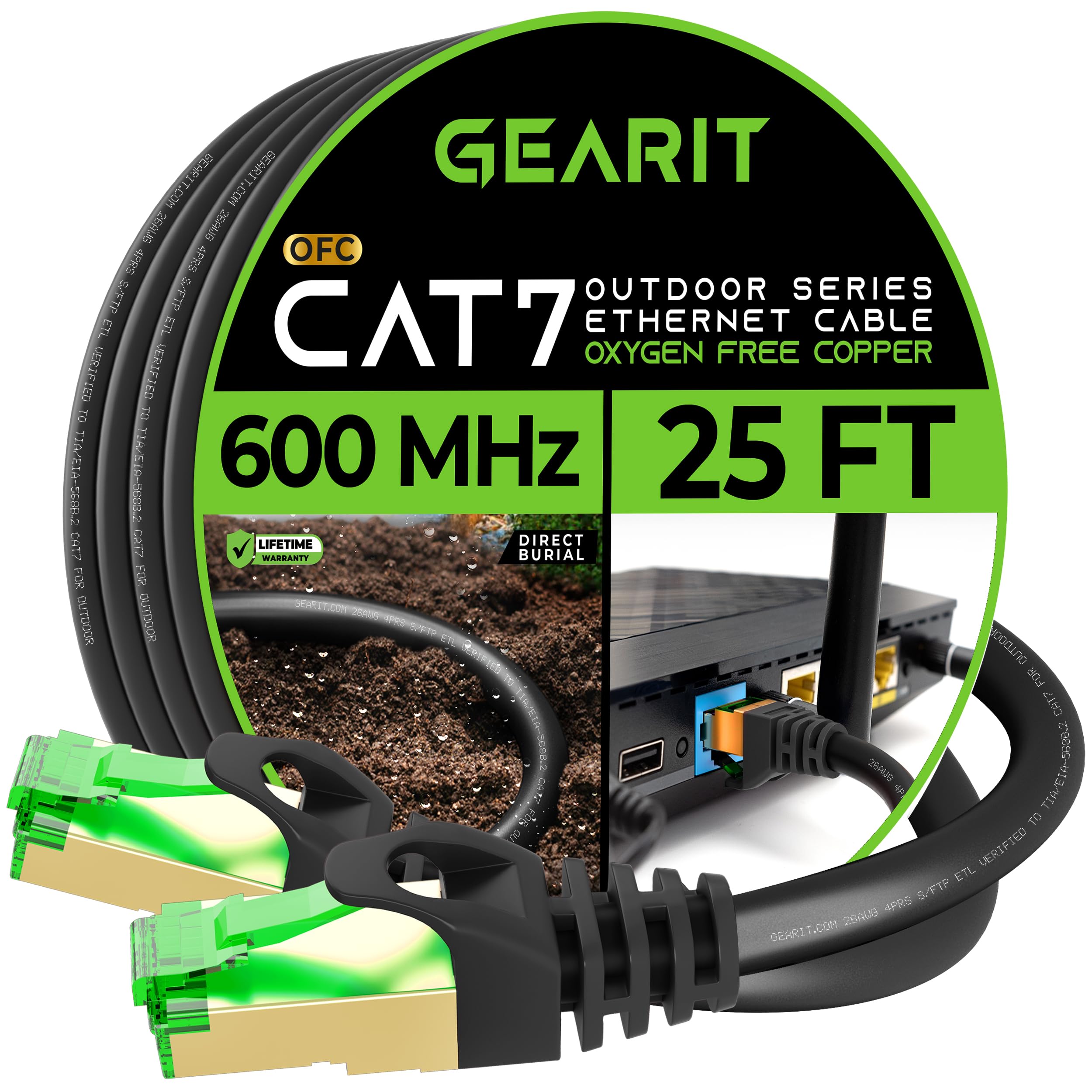 Gearit Cat7 Outdoor Ethernet Cable (25Ft) Sftp Shielded Foil Twisted Pair, Pure Copper, Lldpe, Waterproof, Direct Burial, In Gro