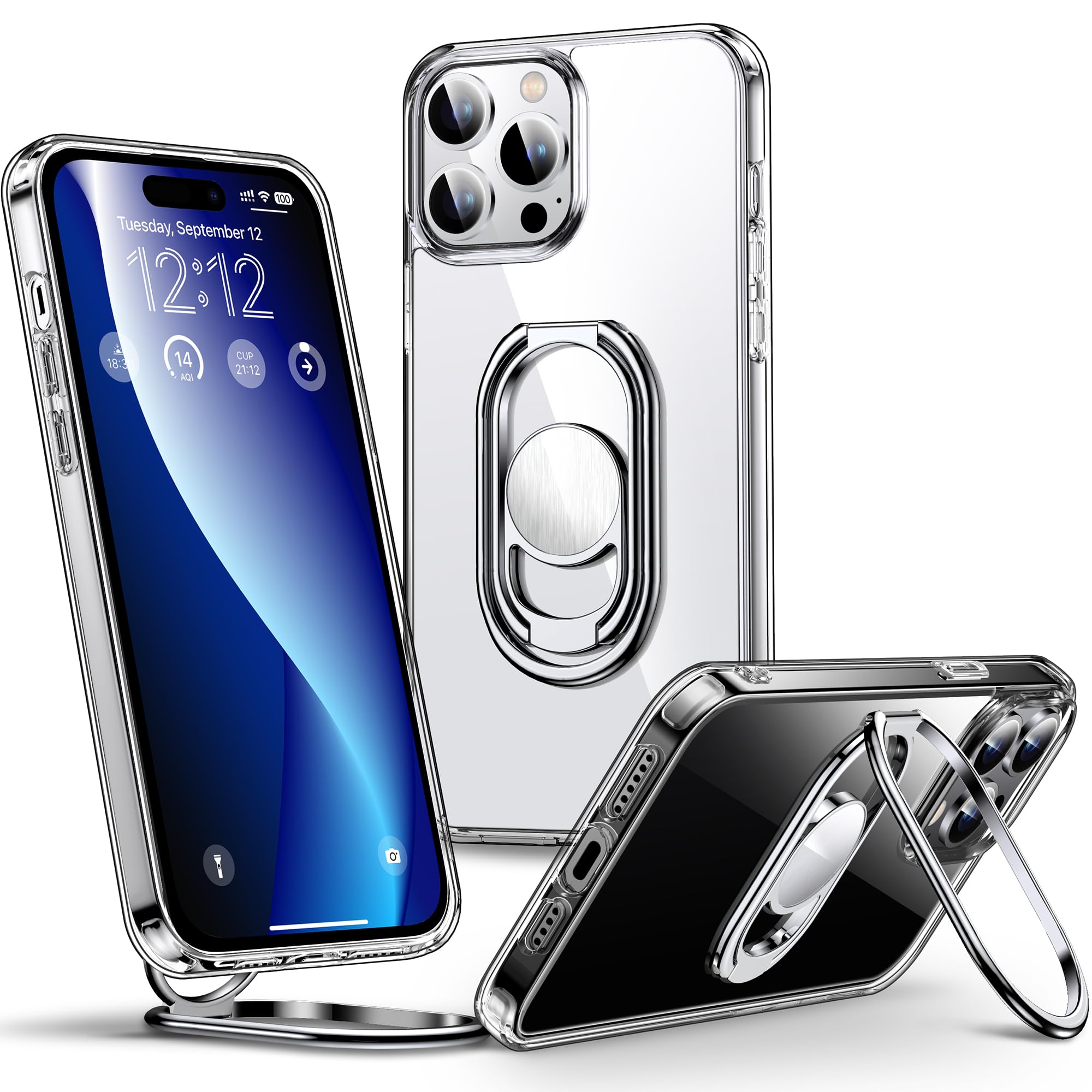 Shields Up for iPhone 15 Pro Case with Stand, Phone Case Clear with Double Ring Holder [Adjustable & Foldable] Shockproof Protec