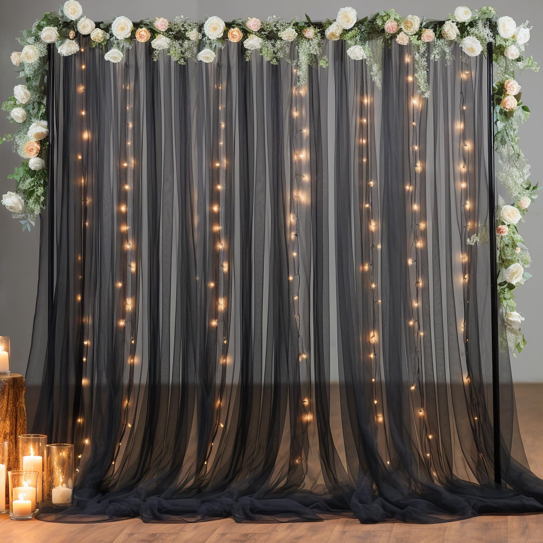 10  10Ft Black Tulle Backdrop Curtain With Lights String For Parites, Sheer Curtain Backdrop Drapes For Wedding Party Home Decor