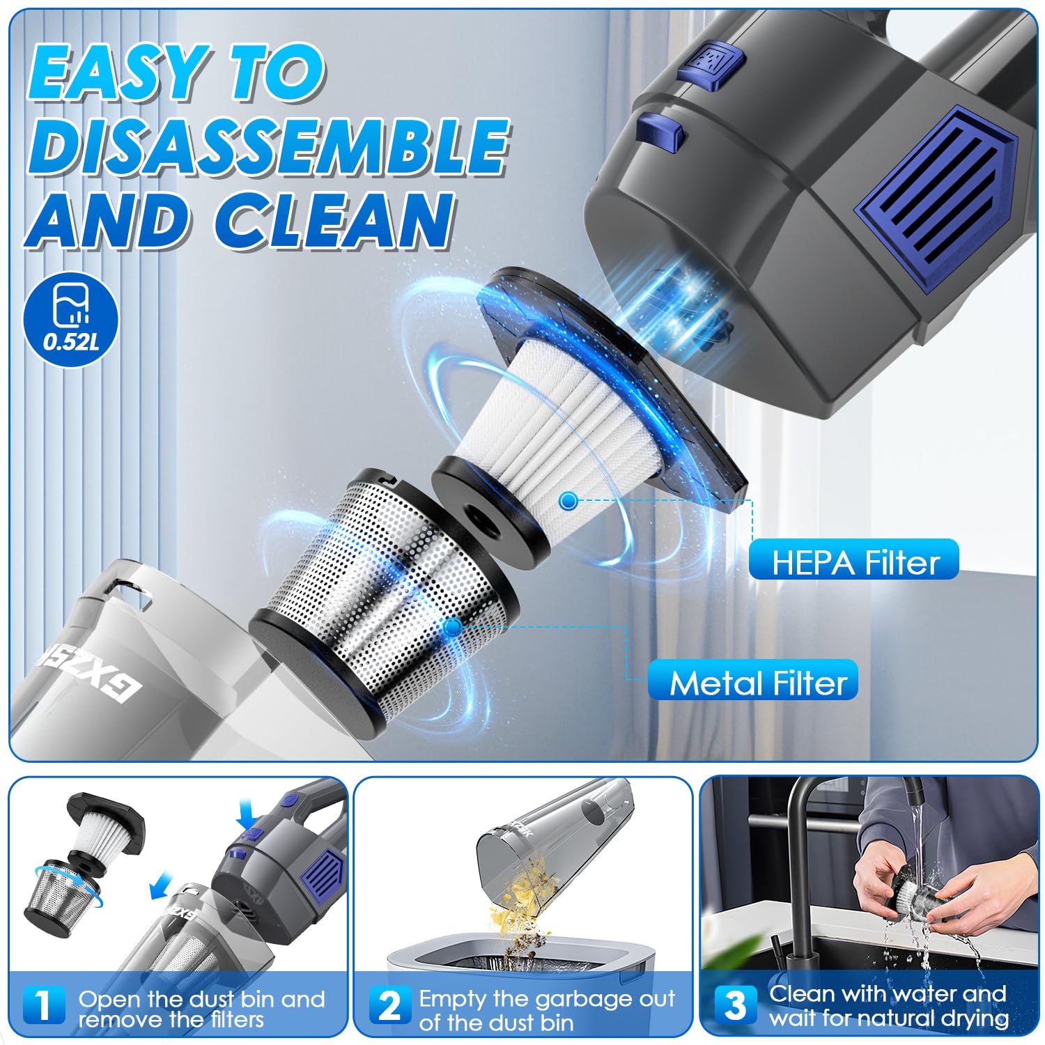 Gxzsk Handheld Vacuum Cordless, 15000Pa Strong Suction Hand Held Car Vacuum Cleaner Rechargeable, Portable Hand Vacuum With Mult