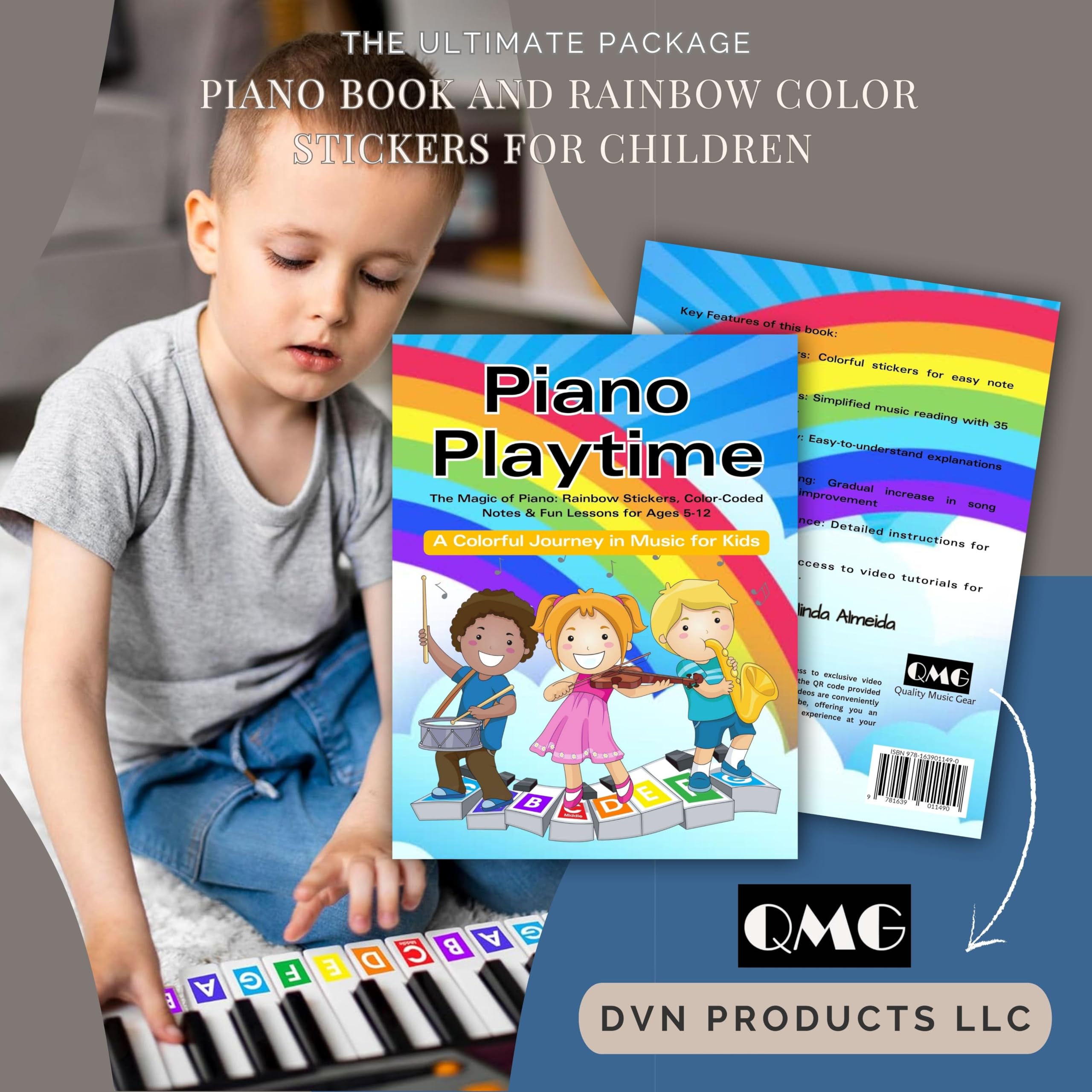 Qmg Rainbow Color Piano And Keyboard Sticker And Kids Piano Learning Book Easy To Follow Instructions For Kids, Beginner Piano B