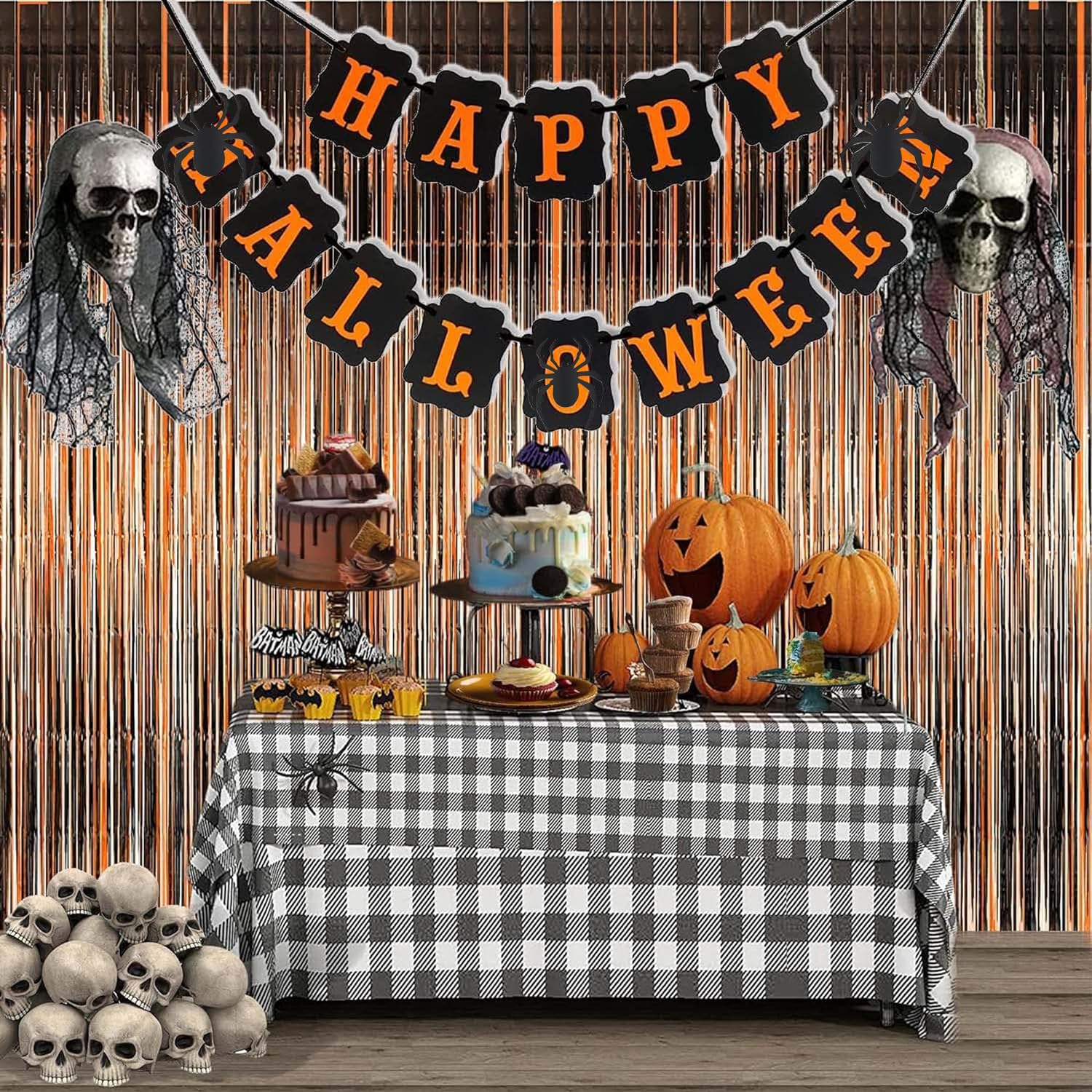 Braveshine 1 Black 1 Orange Tinsel Photo Backdrop Curtains   3.2X8.2Ft Foil Fringe Streamer Curtain For Birthdays, Halloweens, G