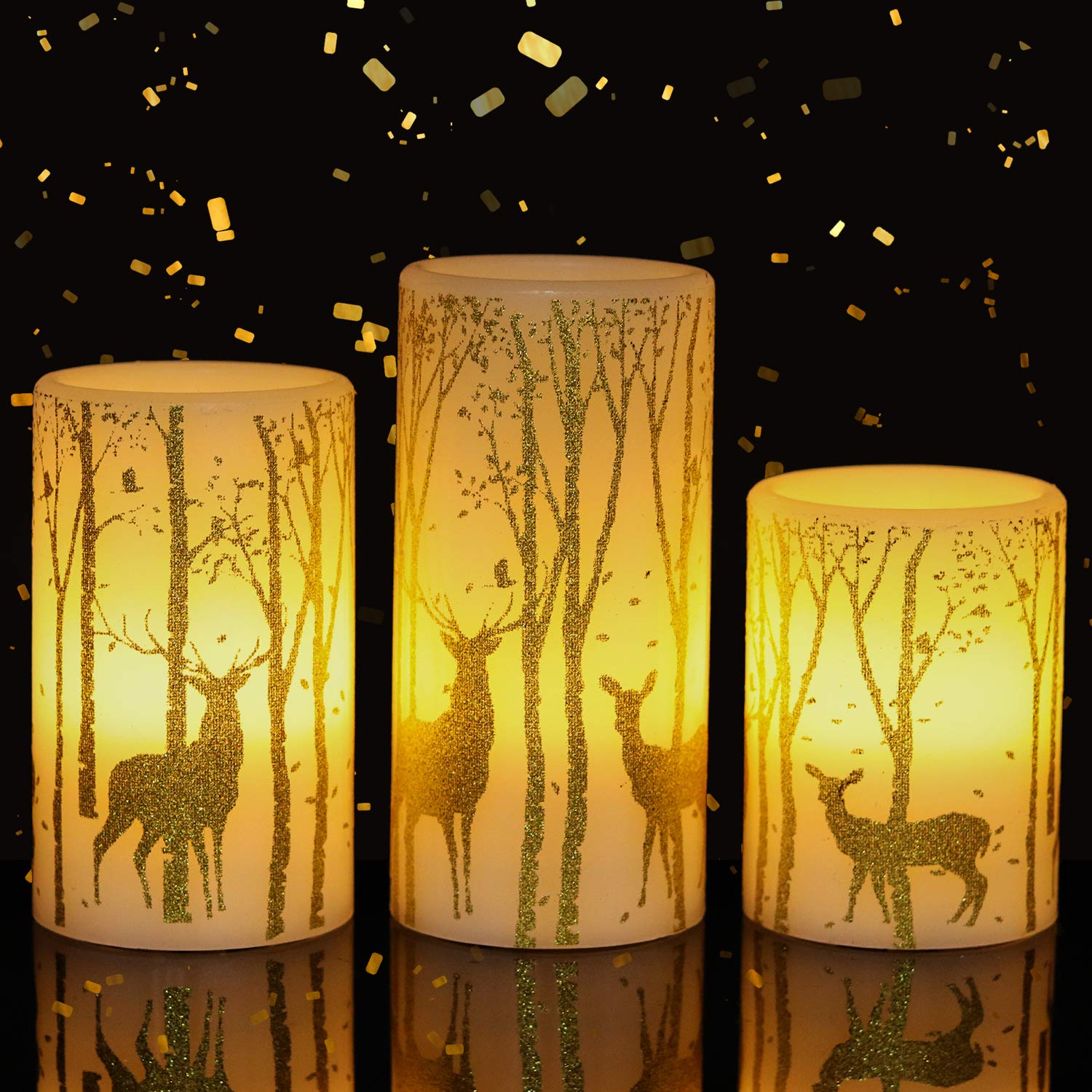 Genswin Flickering Flameless Candles Battery Operated With 6 Hours Timer, Real Wax Led Pillar Candles Deer Decal Warm Light, Pac