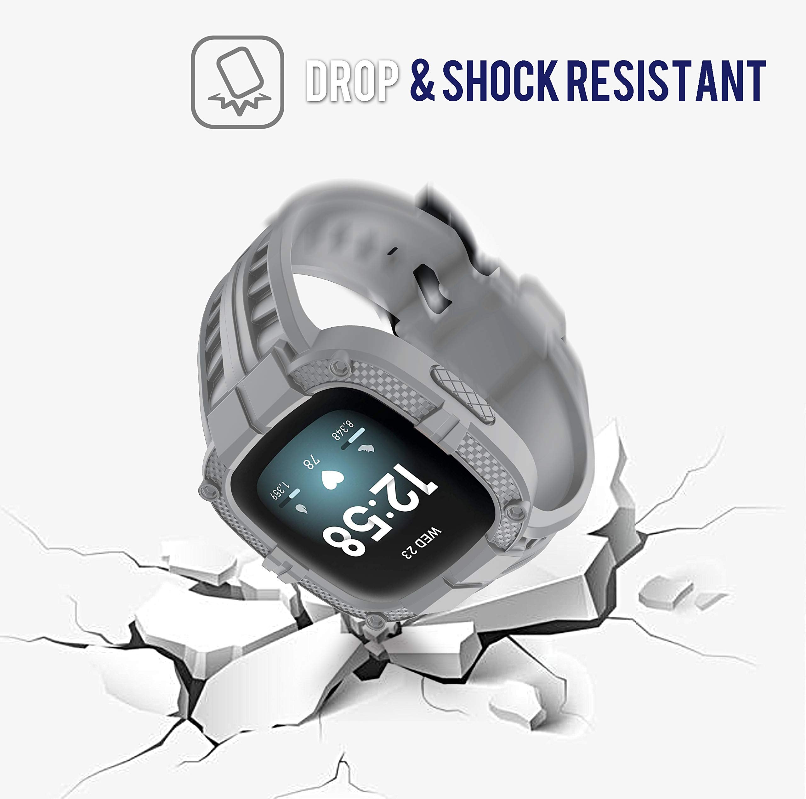 Gelishi Compatible For Fitbit Versa 3/Fitbit Sense Bands With Case, Men Tpu Sport Band Rugged Shockproof Protective Case Wristband For Fitbit Versa 3, Grey