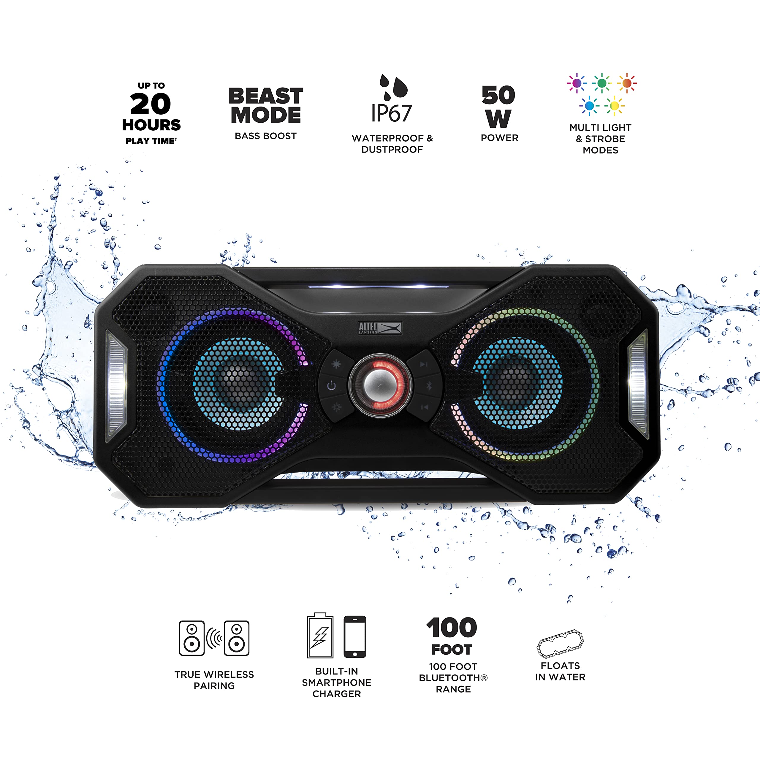 Altec Lansing Mix 2.0 - Waterproof Bluetooth Speaker With Strong Bass, Portable Speaker For Travel & Outdoor Use, 100 Foot Range
