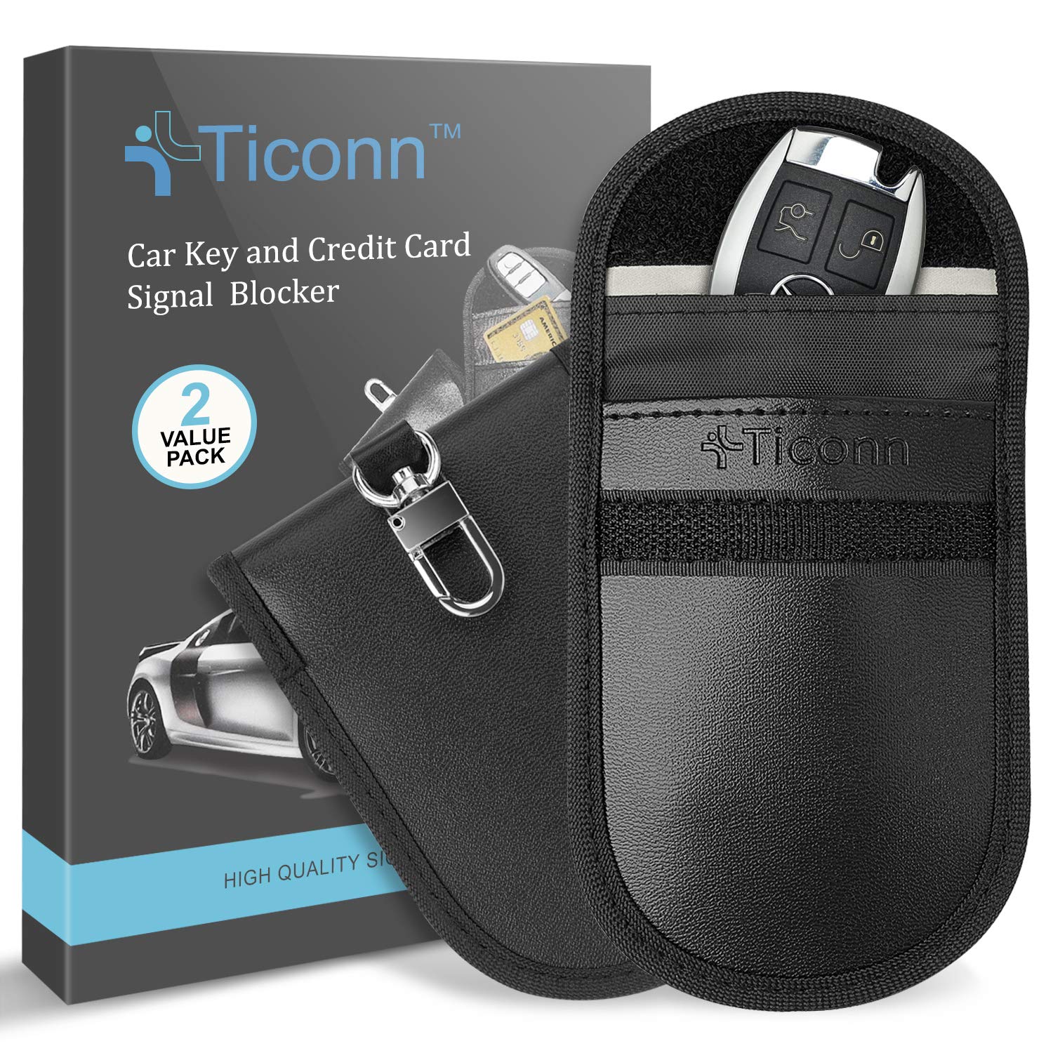 Ticonn 2Pk Faraday Bag For Key Fob, 3.5''X5.0'' Faraday Cage Protector, Car Rfid Signal Blocking, Anti Theft Pouch Anti Hacking