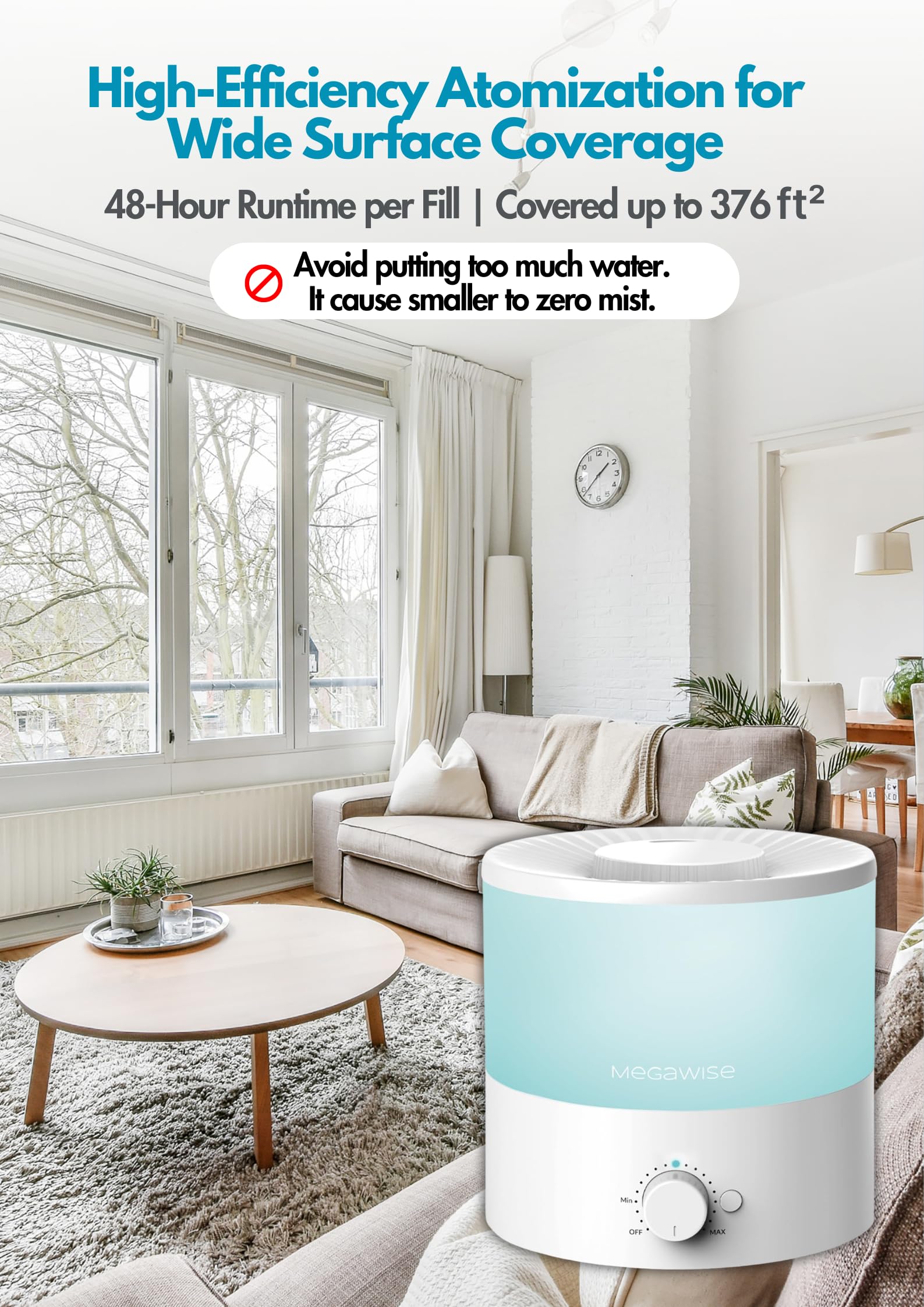 Megawise 1.5L Cool Mist Humidifier For Bedroom, Home, Office, And Plants, Essential Oil Diffuser With Adjustable Mist Output, 25