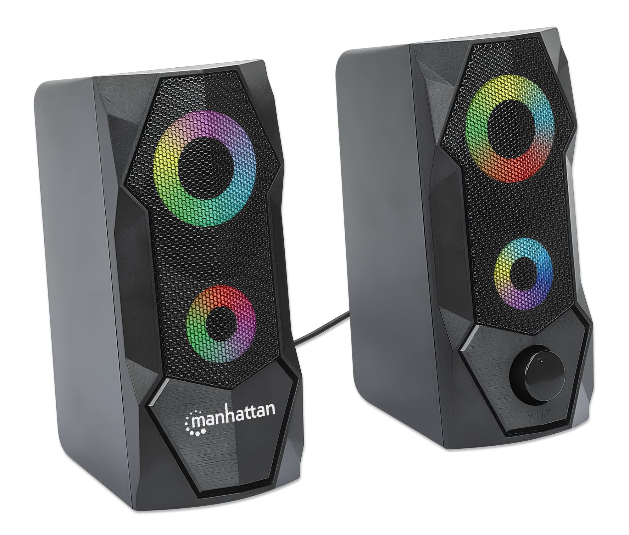 Manhattan USB Powered RBG Gaming Speakers - with Stereo Sound, Long 6ft Cord, Colorful Lights, Volume Control & 3.5 mm Audio Plu