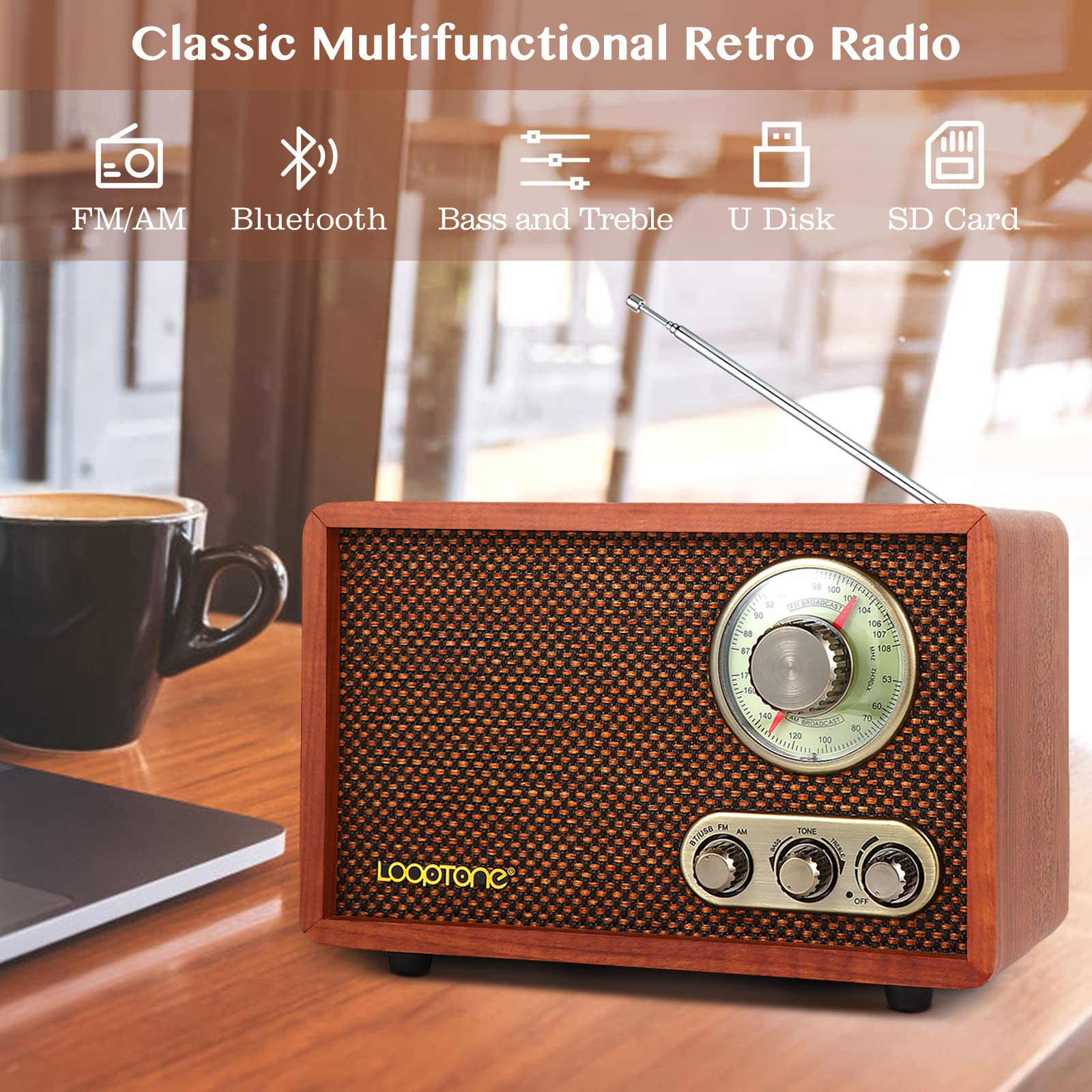 Looptone Usb Sd Multifunction Am Fm Vintage Radio With Bluetooth Speaker,Retro Wood Table Radio For Kitchen Living Room With Rot