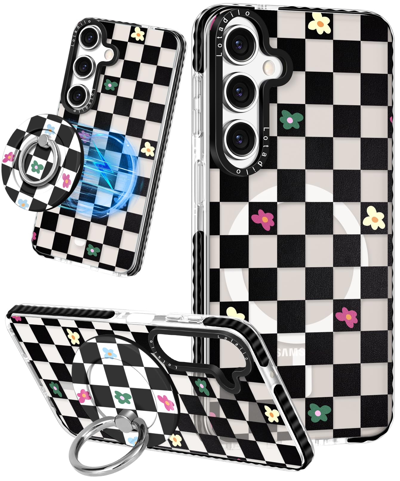 Lotadilo Cute Case for Samsung Galaxy A16 for Women Girls - Funny Plaid Flower Design Compatible with Magsafe Magnetic Ring Hold