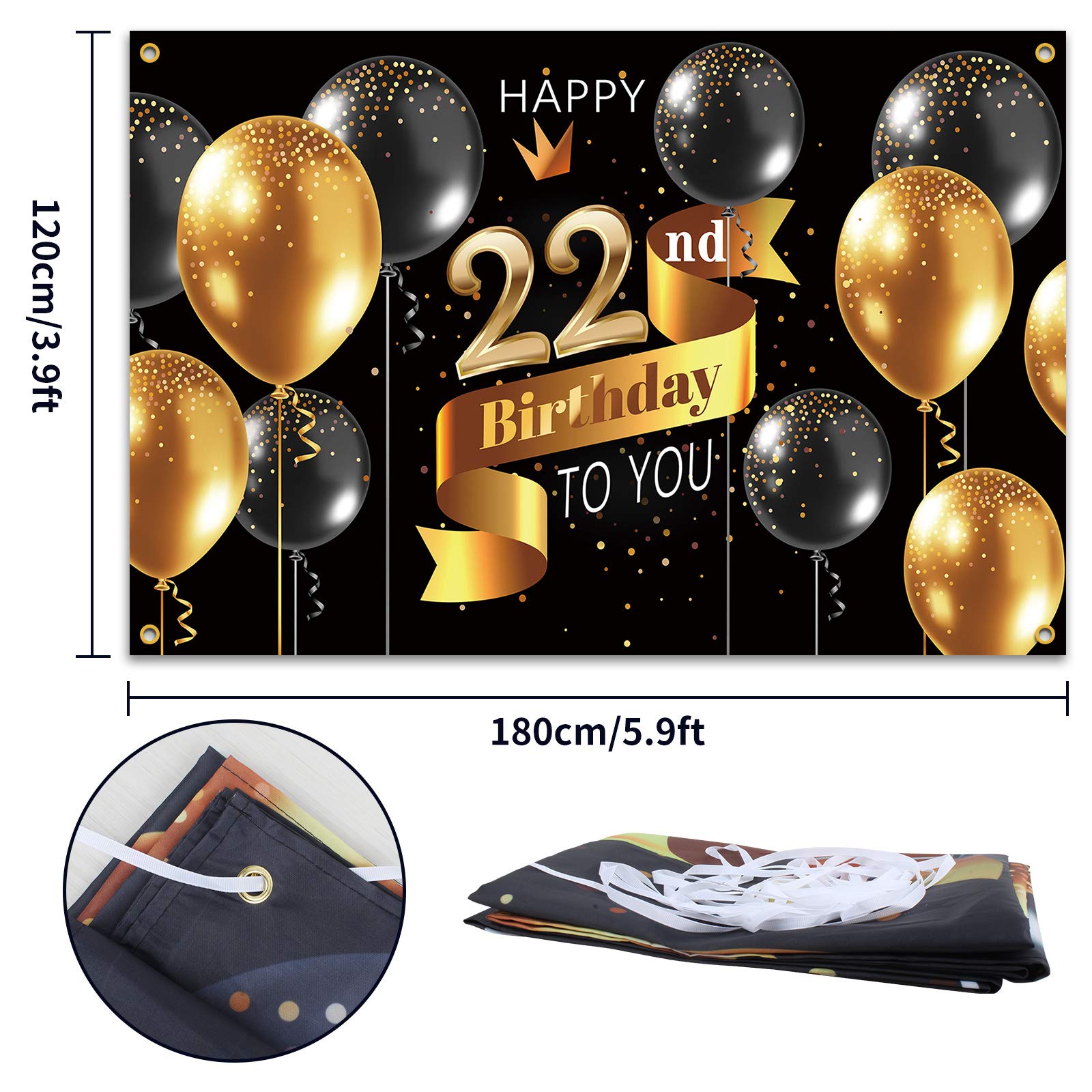 Pakboom Happy 22Nd Birthday Backdrop Banner   22 Birthday Party Decorations Supplies For Men   Black Gold 3.9 X 5.9Ft