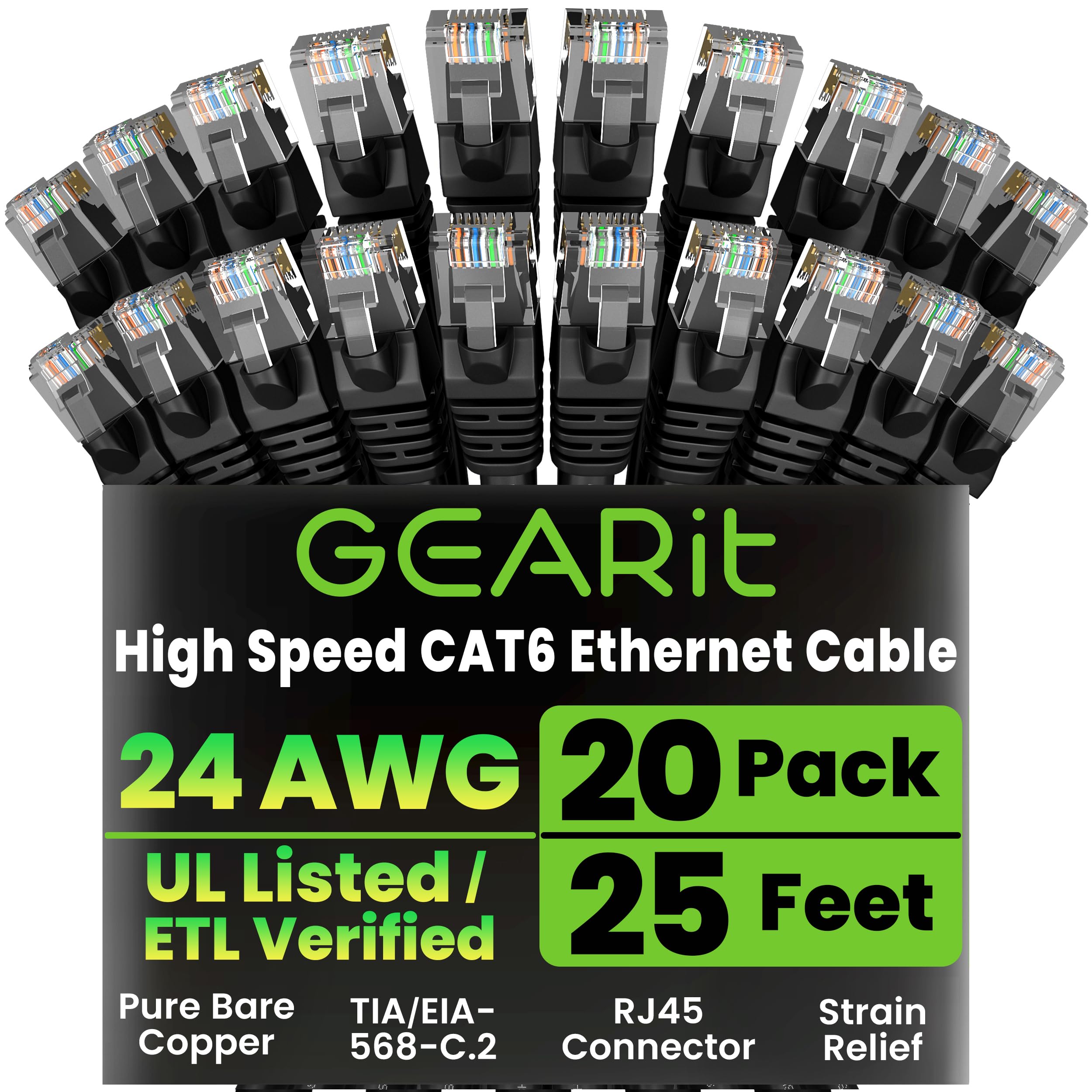 GEARit Cat 6 Ethernet Cable Pack - 20-Pack 25 ft Cat6 Ethernet Patch Cables | RJ45 Network Patch Cable, 10 Gbps Snagless Gold-Pl