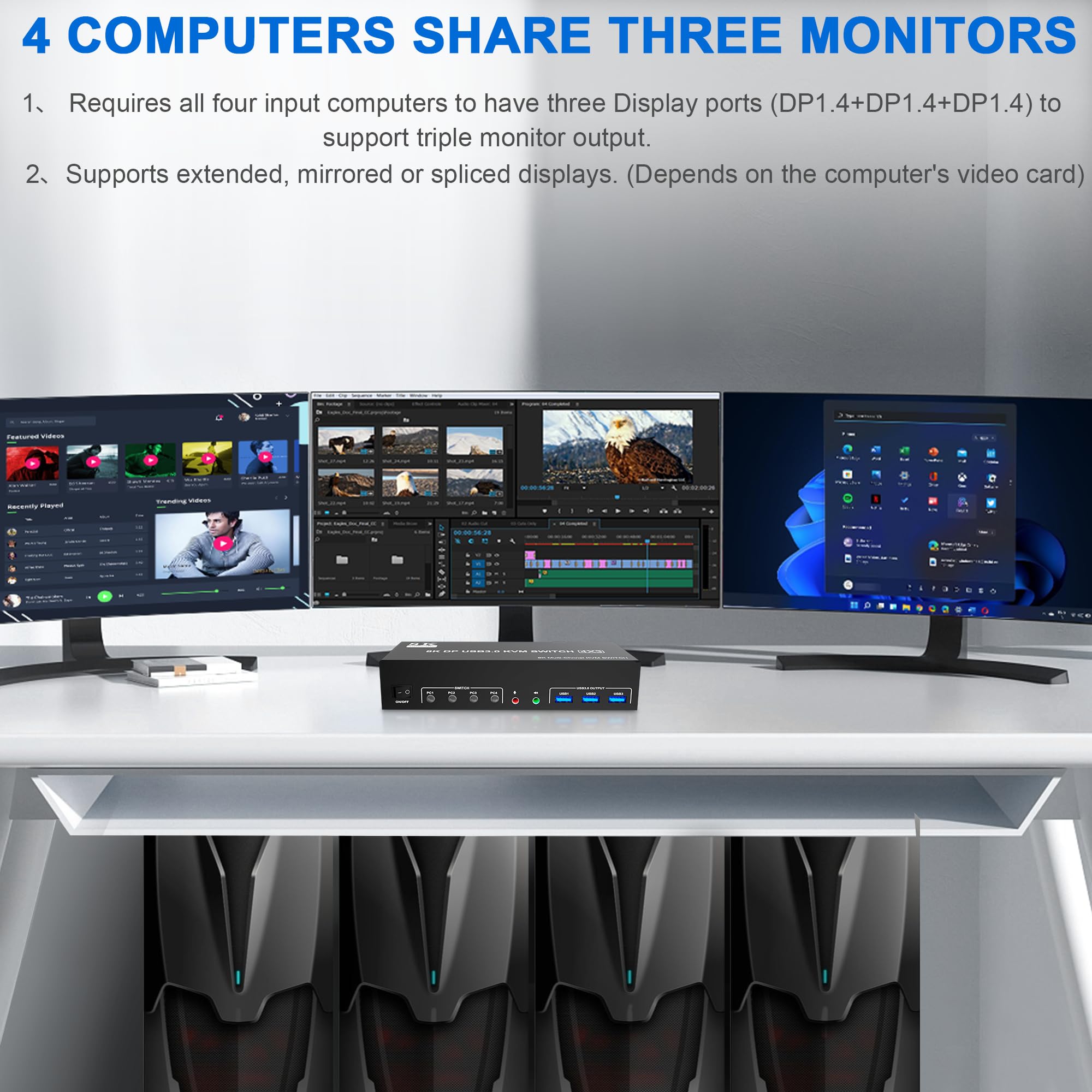 8K@60Hz Usb3.0 Displayport Kvm Switch 3 Monitors 4 Computer, Dp1.4 Triple Monitor Kvm Switch With Audio Microphone Output And 3
