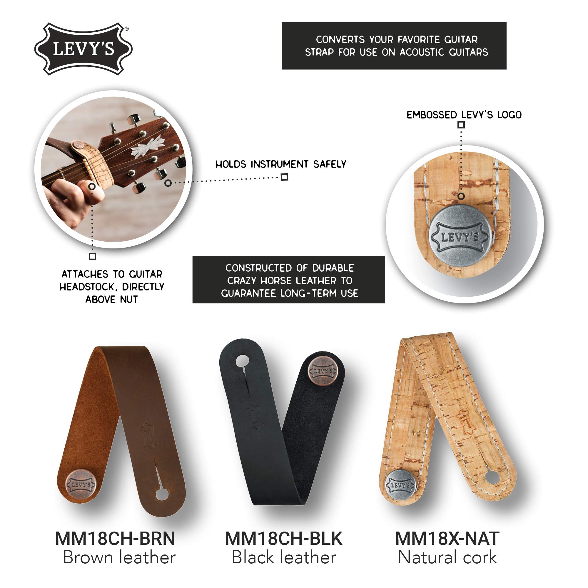 Levy'S Leathers Headstock Strap Adapter For Acoustic Guitars; Natural Cork (Mm18X Nat)