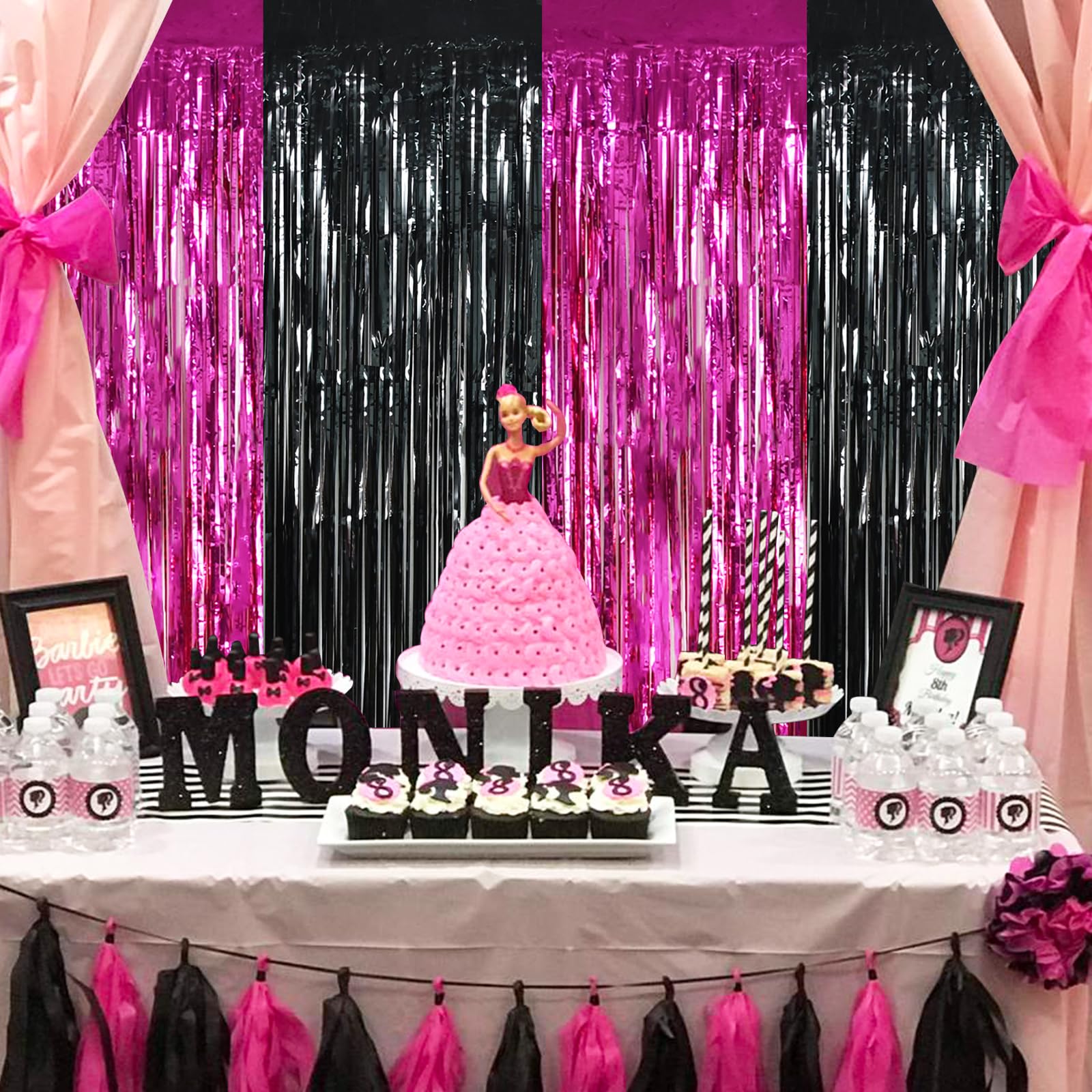 Beishida 4 Pcs Hot Pink Black Door Streamers Curtain Party Streamers Backdrop Pink Party Hot Pink Wall Background For Party Deco