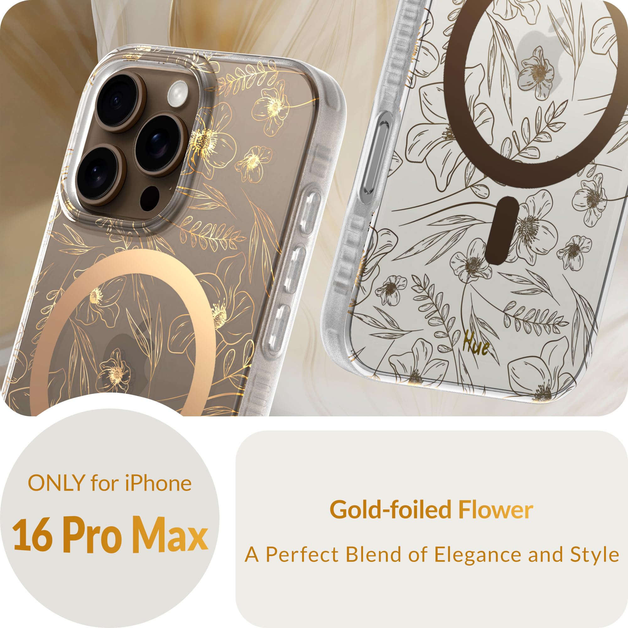 Lonli Hue   For Iphone 16 Pro Max Case [Compatible With Magsafe]   Gold Floral Phone Case   [360 Shock Absorbent Bumper]   Cute,