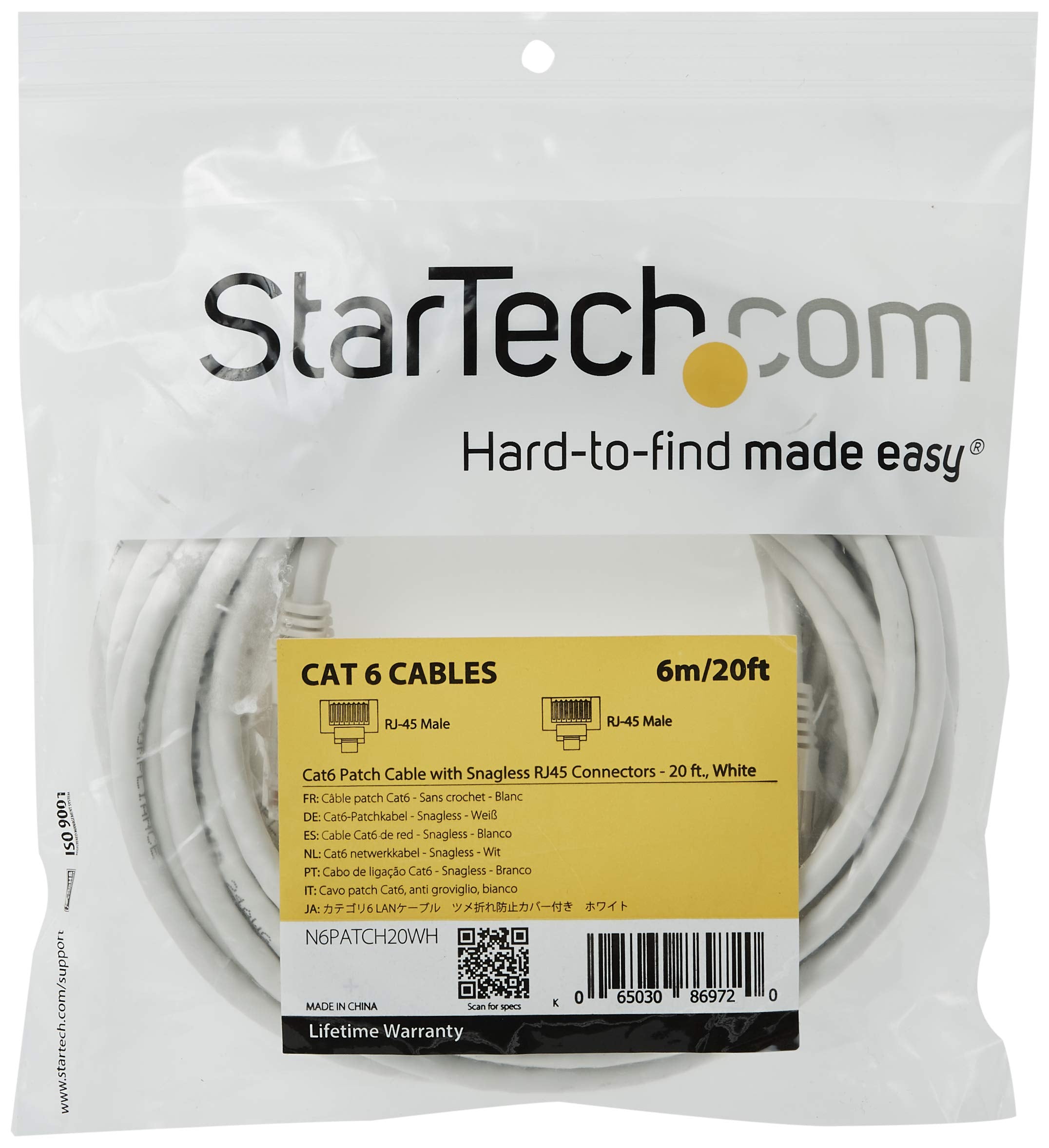 StarTech.com 20ft CAT6 Ethernet Cable   White CAT 6 Gigabit Ethernet Wire  650MHz 100W PoE RJ45 UTP Network/Patch Cord Snagless w/Strain Relief Fluke Tested/Wiring is UL Certified/TIA (N6PATCH20WH)